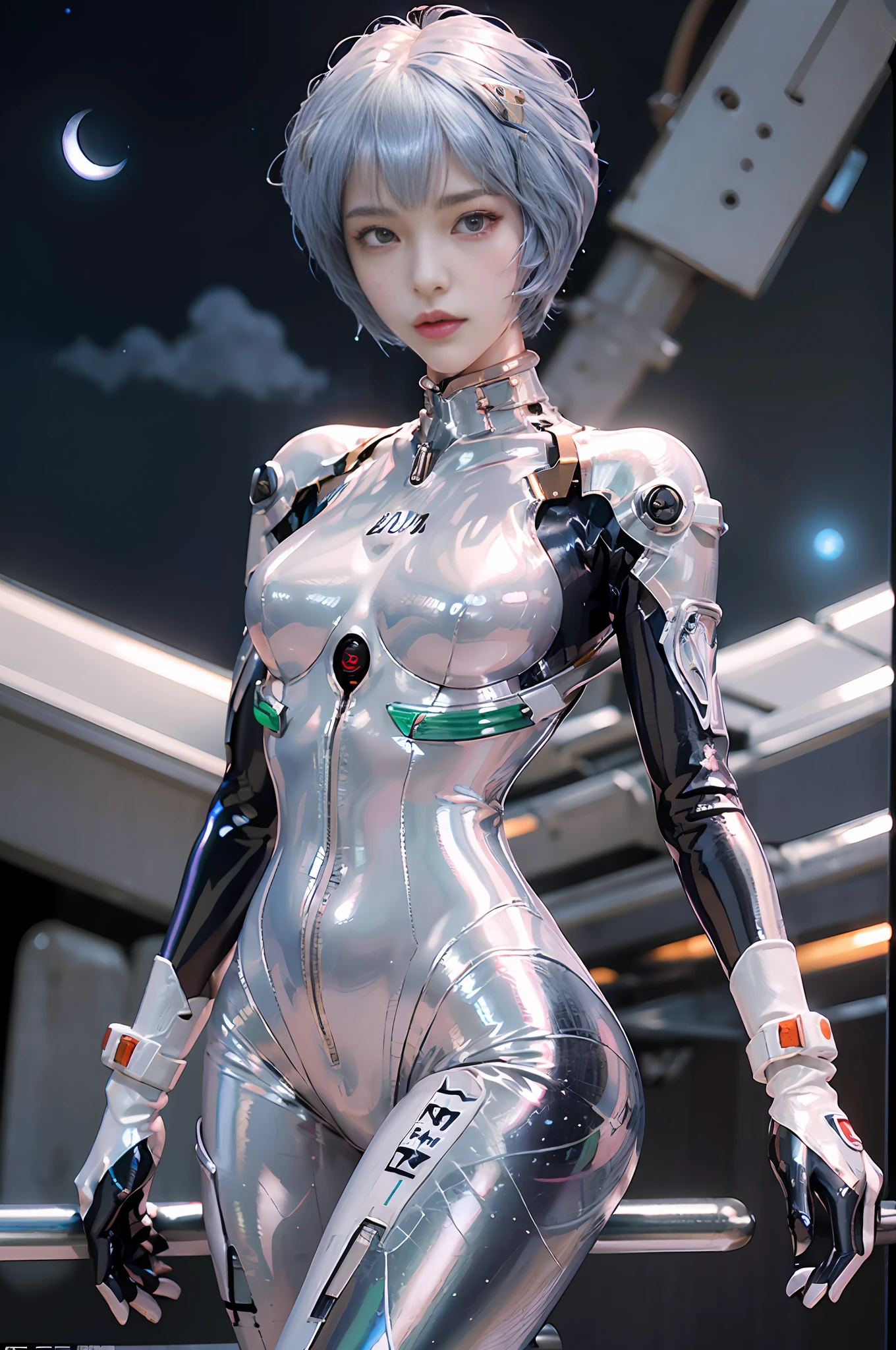 Representative work,NSFW1.1,((Whole body:1.1))))), (Realistic),Photography, Best quality, 1 female,((tall))),Ear fold,(((Rei Ayanami, Plug Suit 00))), (((Red eyes,Beautiful face, Beautiful eyes))))), (((Cute face)), Wet eyes, Face,Detail face, Detail lips, Detail Eyes, (Thin and sharp pale eyebrows, long eyelashes), double eyelids, (seductive smile), (gentle look, fleeting expression))),(turning around pose), (rubber suit with a strong metallic luster and smooth surface), ((((sexy tight metallic shiny latex suit)))), (two thick black lines from thighs to buttocks)))), from the bottom, (upright), (camelt), (smooth body line)), Pale short hair, (((pale thin eyebrows)), beautiful hair, (large round chest), small logo pattern on the chest is zero, mecha suit, thin long waist, white skin, ((midnight starry sky in the background, large full moon in the background, futuristic city skyline in the background)), (face and eye details: 1.1), loneliness, blush, (shy)), very delicate and beautiful girl, small logo pattern on the chest is zero, Standing, (((legs closed pose)), (to8 contrast style), small egg-shaped psychosensory apparatus on either side of the head