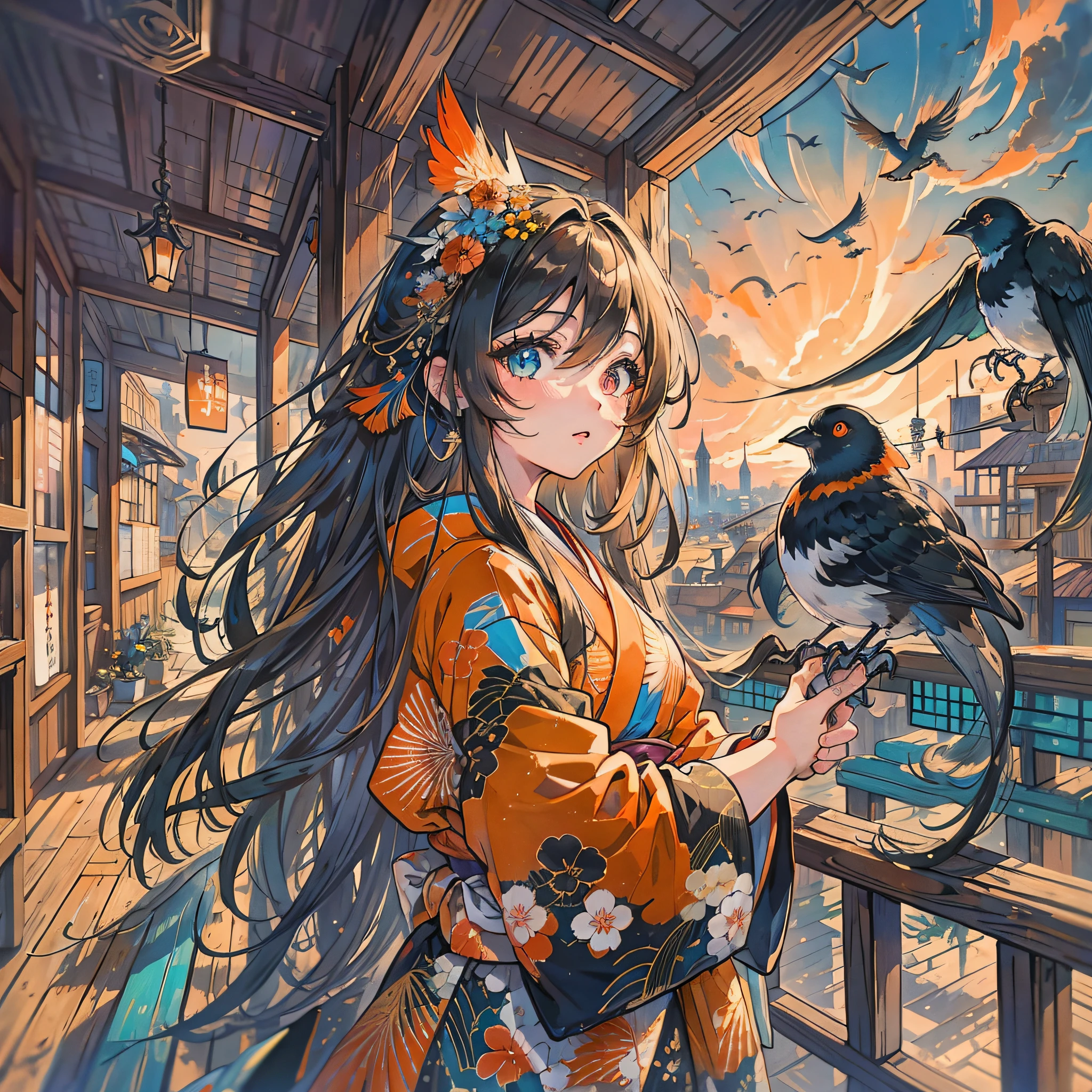 Masterpiece, best quality, {best quality}, {{masterpiece}}, {highres}, drawing, 2d digital drawing, anime, 1girl, anime girl, adult, exotic, long hair, colored hair, heterochromia, colors, colorful, orange sky, nightingale, bird, bird, bird, japanese clothing, kimono, ornithologist --auto --s2