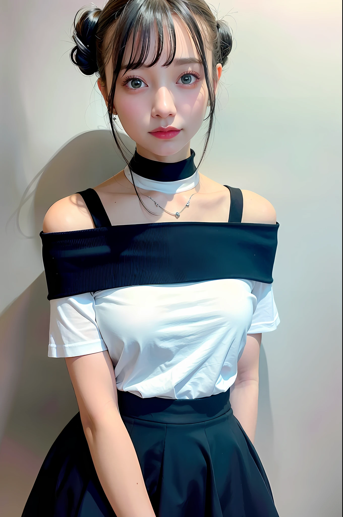 Top Quality, Ultra High Resolution, Photorealistic, One Girl, Off Shoulder White Shirt, Black Tight Skirt, Black Choker, Faded Ash-Gray Hair, Huge, Look Viewer, Close Up
