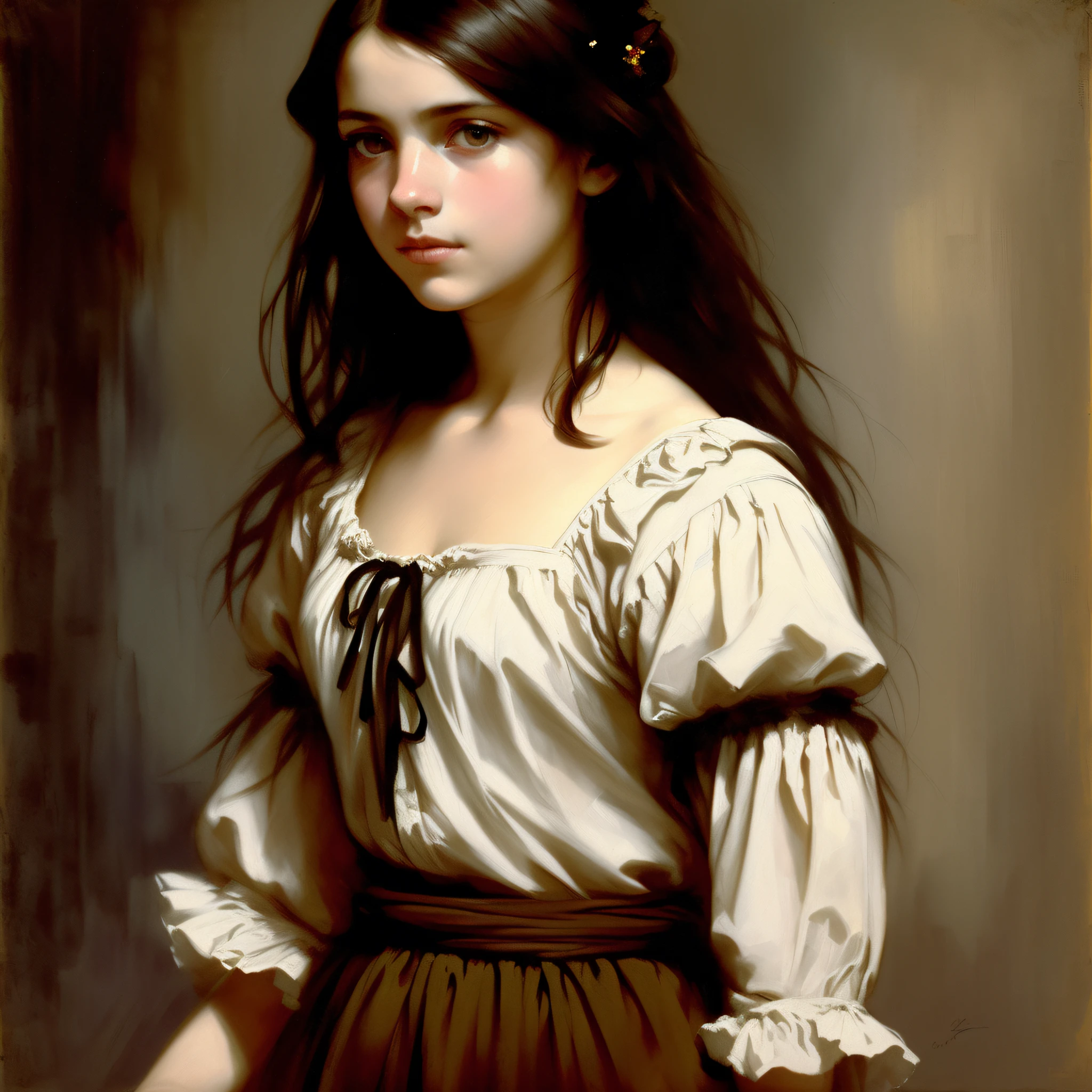 poor -yeld pent girl, in old second-hand peasant clothes from 1800, crazy crazy aggressive face and eyes, concept art, oil pastels, moody grays, severe, dirty style style of Malika Favre, Ilya Kuvshinov, Franz Xaver Winterhalter, Alice Pascin (cel shaded: 1.2), 2d, (oil painting: 1.2) very detailed, Jeremy Mann