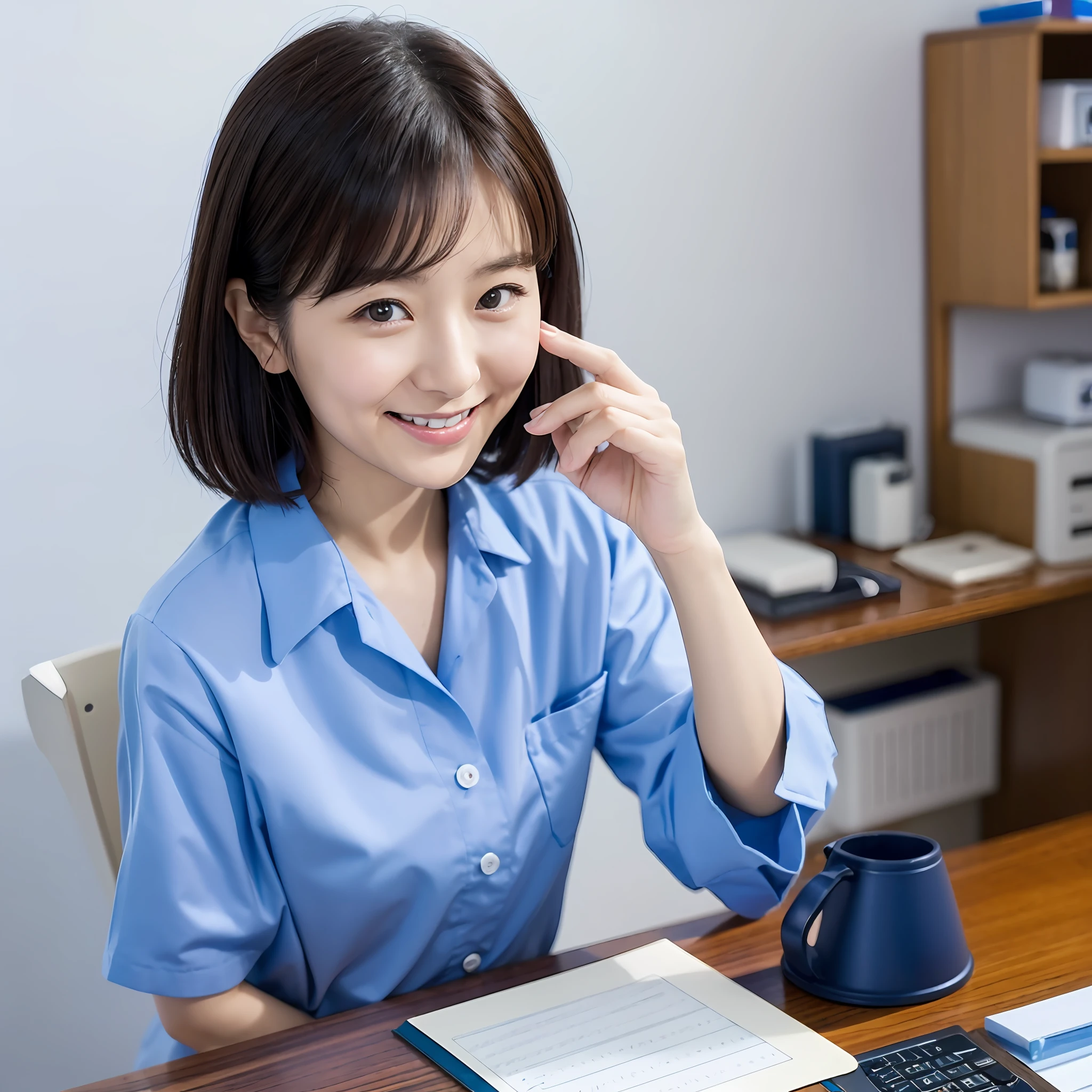 Japan woman in her 30s Inspecting small parts on desk Wearing blue work clothes Smiling white background --auto --s2
