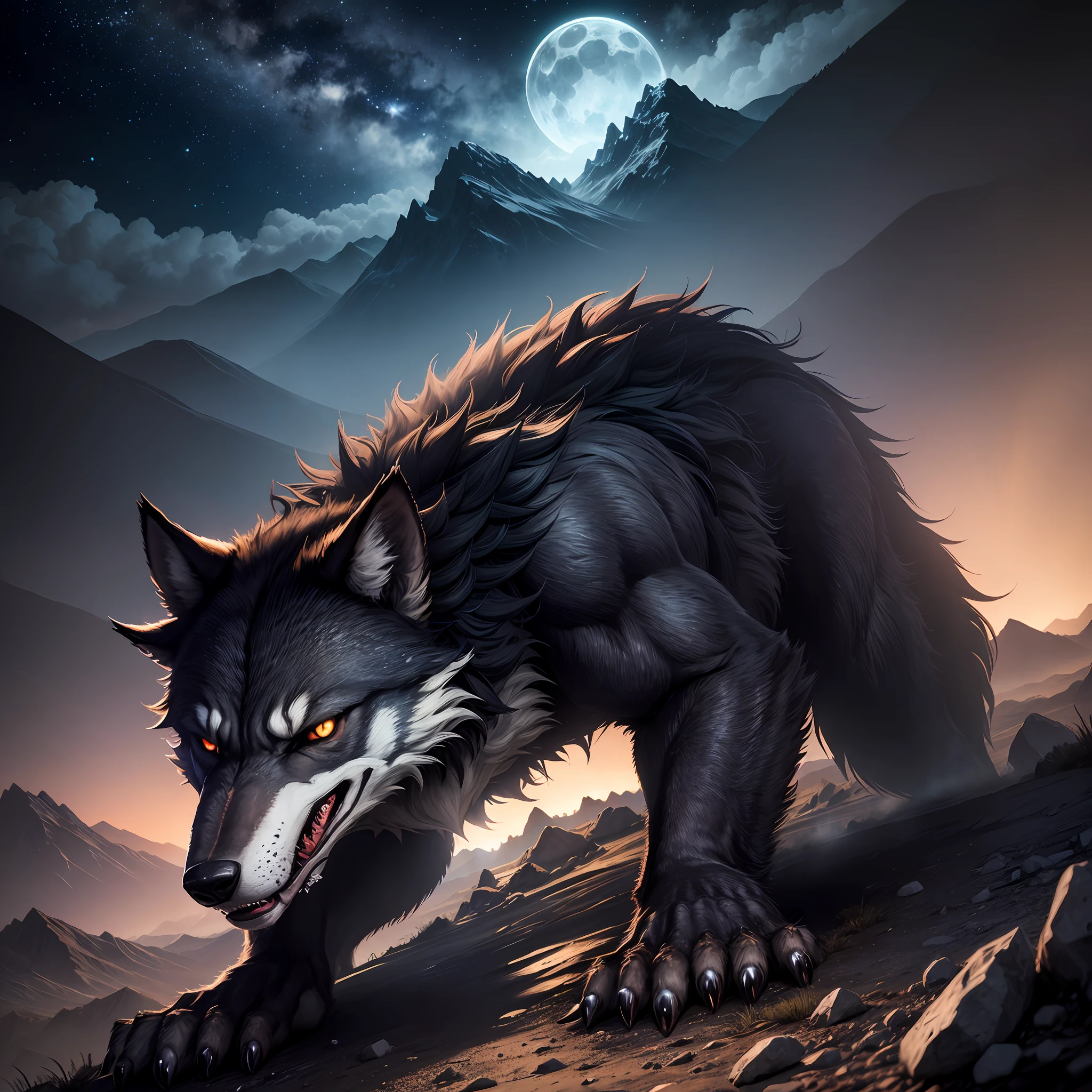 Werewolf (HDR) (on top of a mountain) (at night) (universe in the background)