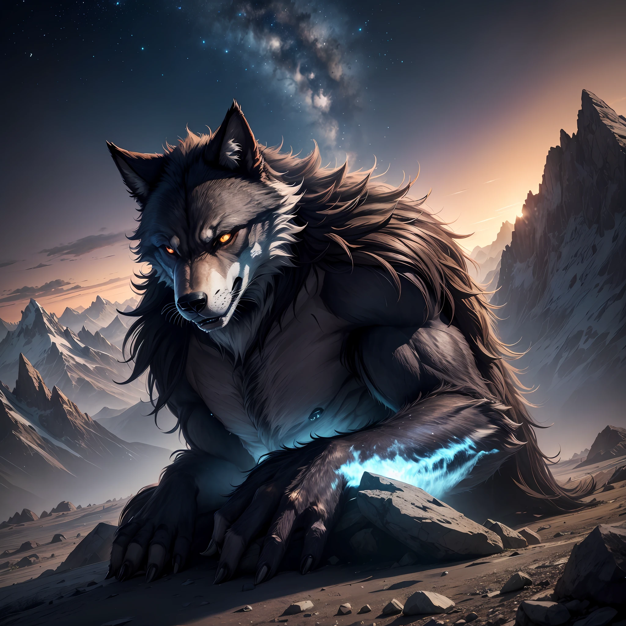 Werewolf (HDR) (on top of a mountain) (at night) (universe in the background)