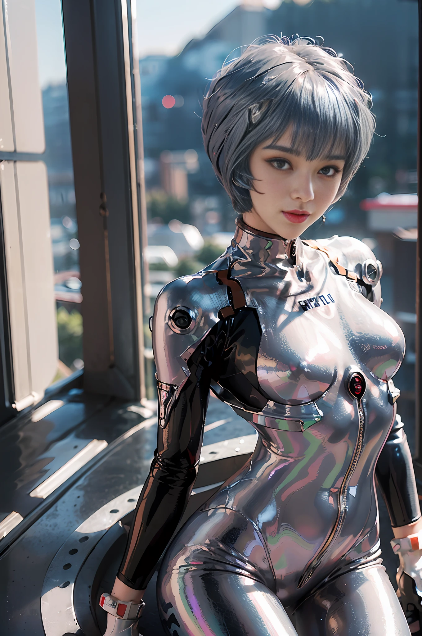 Representative work,NSFW1.1,((Whole body:1.1))))), (Realistic),Photography, Best quality, 1 female,((tall))),Ear fold,(((Rei Ayanami, Plug Suit 00))), (((Red eyes,Beautiful face, Beautiful eyes))))), (((Cute face)), Wet eyes, Face,Detail face, Detail lips, Detail Eyes, (Thin and sharp pale eyebrows, long eyelashes), double eyelids, (seductive smile), (gentle look, fleeting expression))),(turning around pose), (rubber suit with a strong metallic luster and smooth surface), ((((sexy tight metallic shiny latex suit)))), (two thick black lines from thighs to buttocks)))), from the bottom, (upright), (camelt), (smooth body line)), Pale short hair, ((pale thin eyebrows)), beautiful hair, (large round breasts), small logo pattern on the chest is zero, mecha suit, thin long waist, white skin, ((night sky in the background, city skyline in the background)), (face and eye details: 1.1), loneliness, blushing, (shy)), very delicate and beautiful girl, small logo pattern on the chest is zero, standing, ((((legs closed) ), (TO8 contrast style), a small egg-shaped psychosensory device on either side of the head