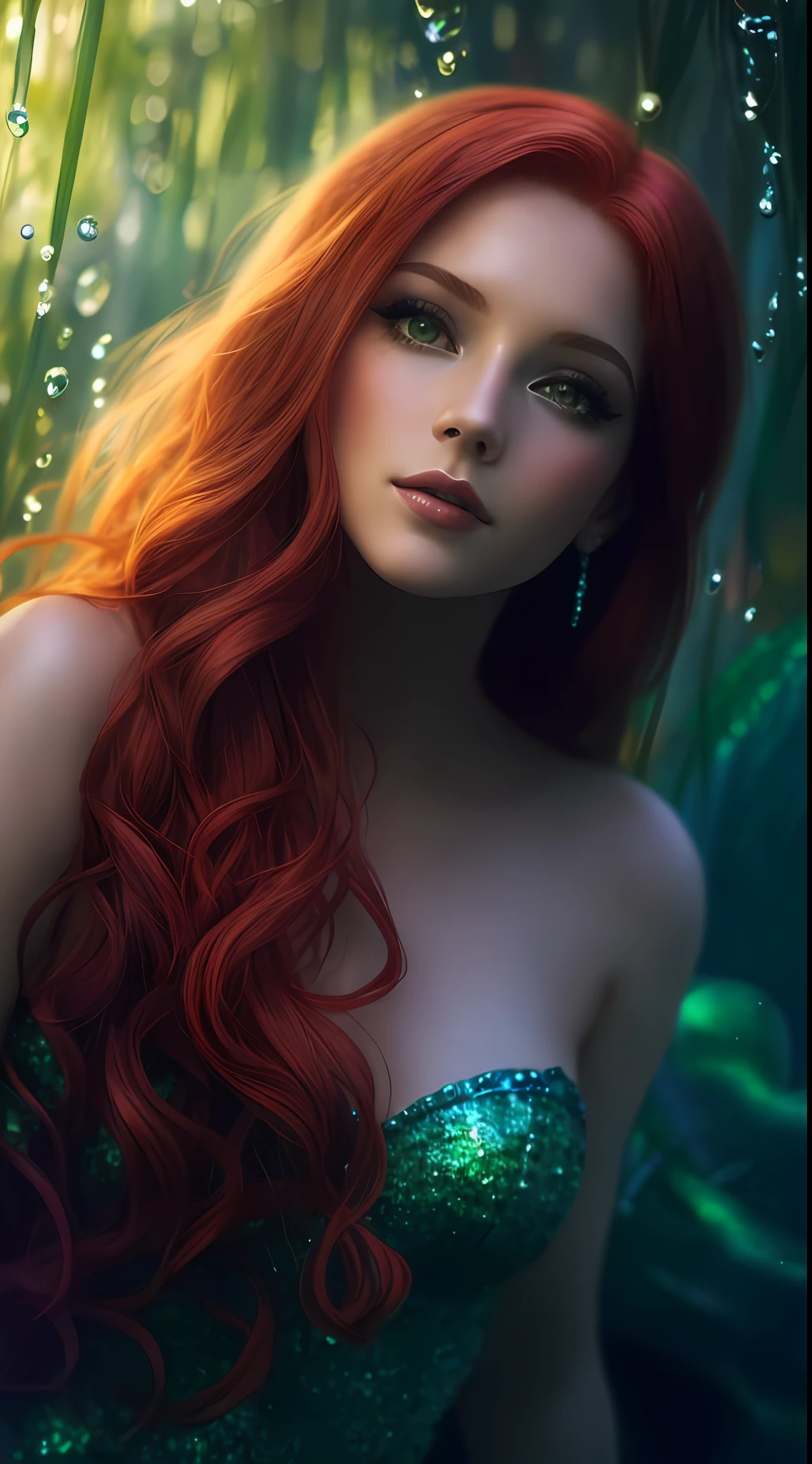 there is a woman with red hair and a green dress, deviantart artstation cgscosiety, closeup fantasy with water magic, closeup portrait shot, portrait of mermaid, little mermaid, portrait of mermaid queen, ariel the little mermaid, fantasy photography, portrait of mermaid warrior, cgsociety inspired, beautiful mermaid, artgerm moody photography, real photoshoot queen of oceans