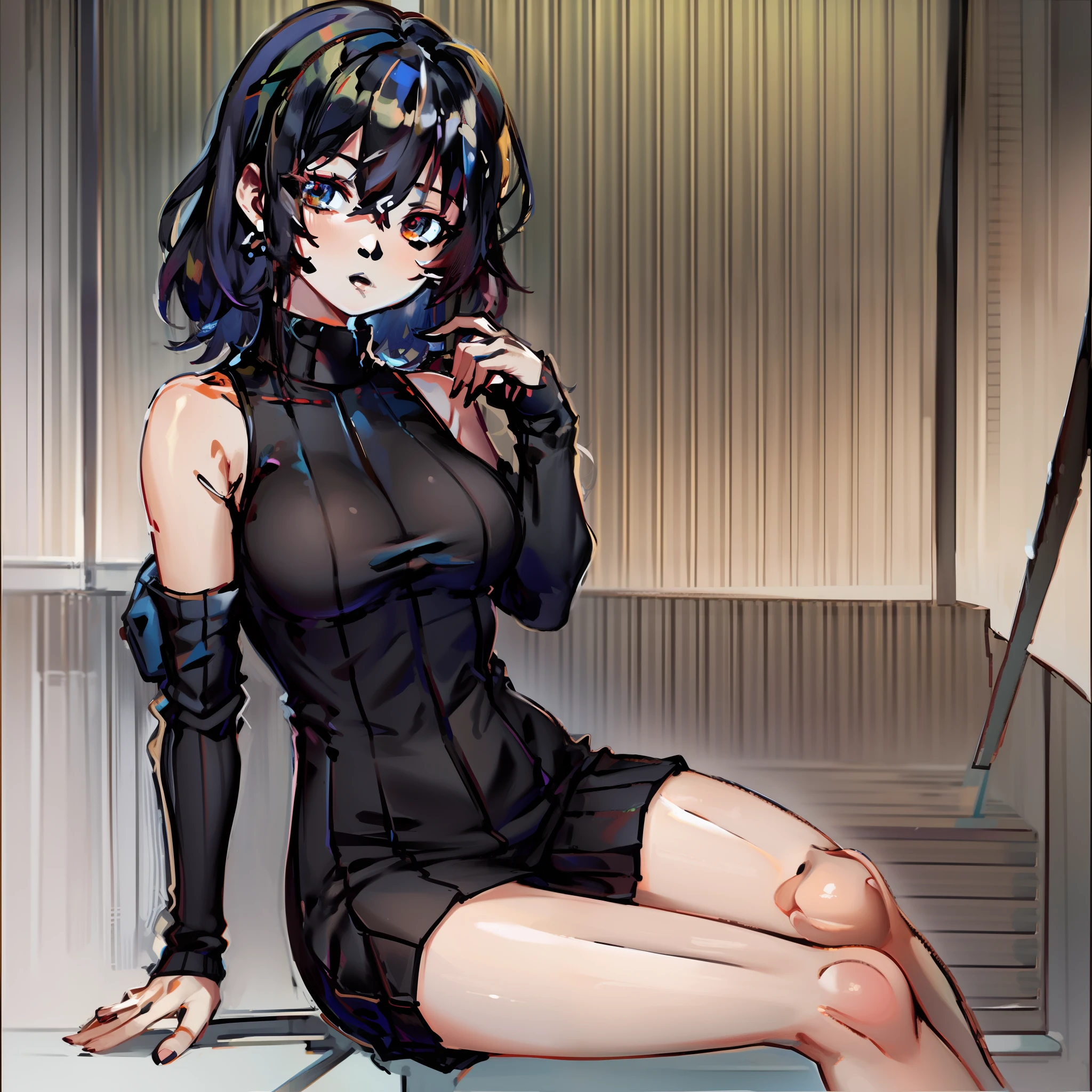 masterpiece, best quality, highres, fiona1, spy x family,  hair_over_one_eye, solo, earring, breasts, expressionless, sweater dress, turtleneck sweater, sleeveless, outdoors, sitting, bench,