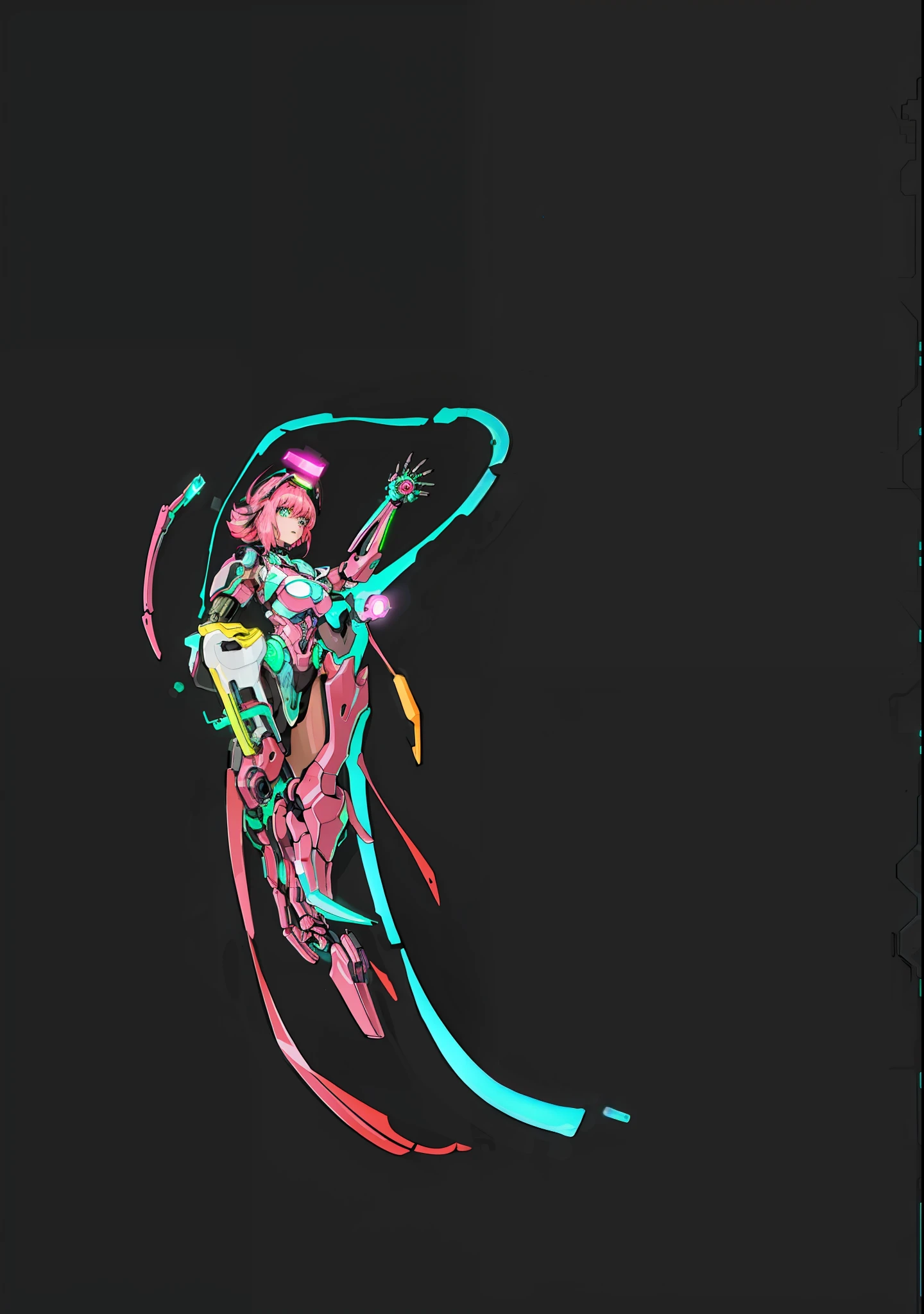 ((1girl, closeup, intricate details, (Cyberpunk: 1.4), robotic arm, (shiny neon armor:1.2), machine, , big, pink hair, drone, car)), neon city background, mechanical city
