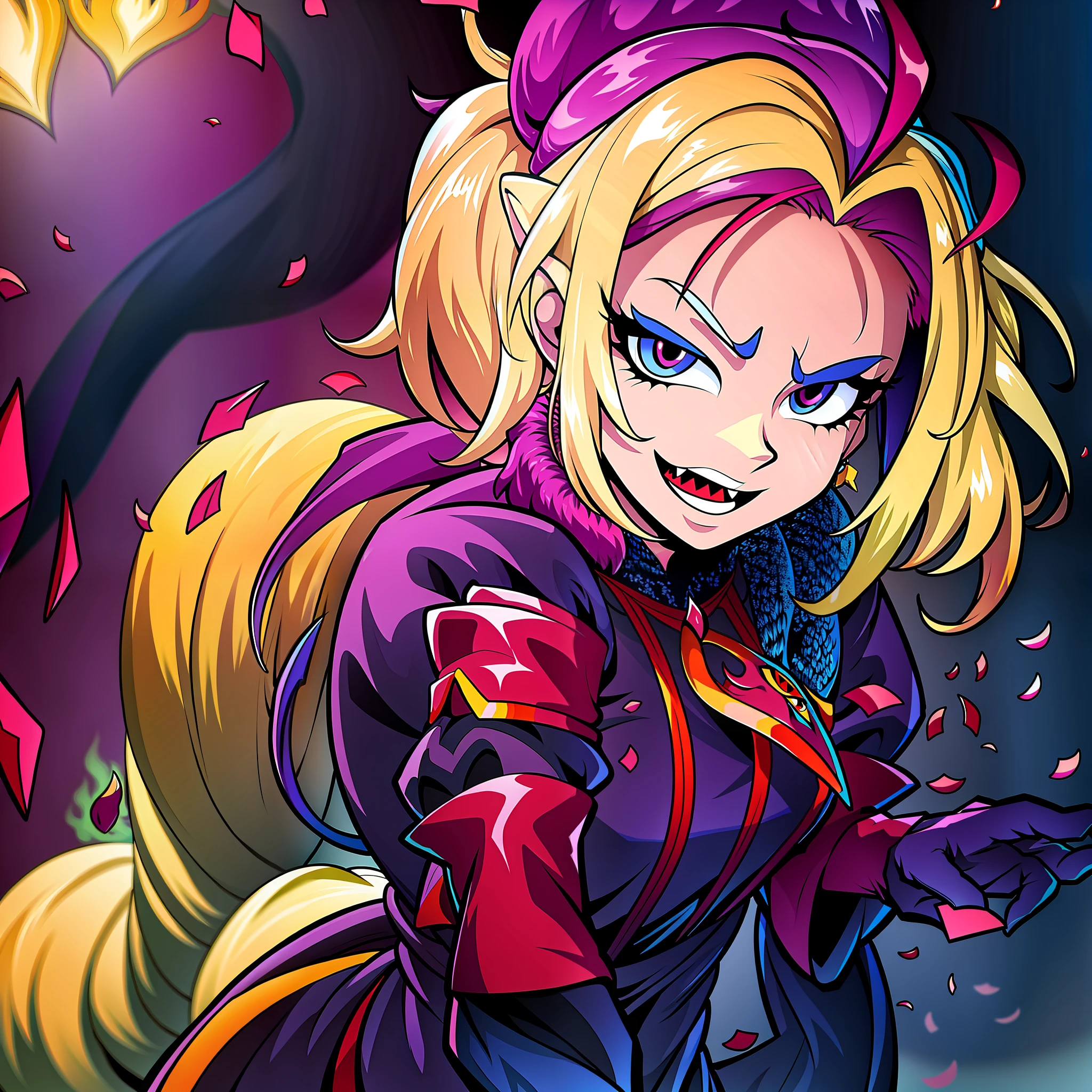 "Princess dress, dragon-tailed character, dynamic pose, art style filter."