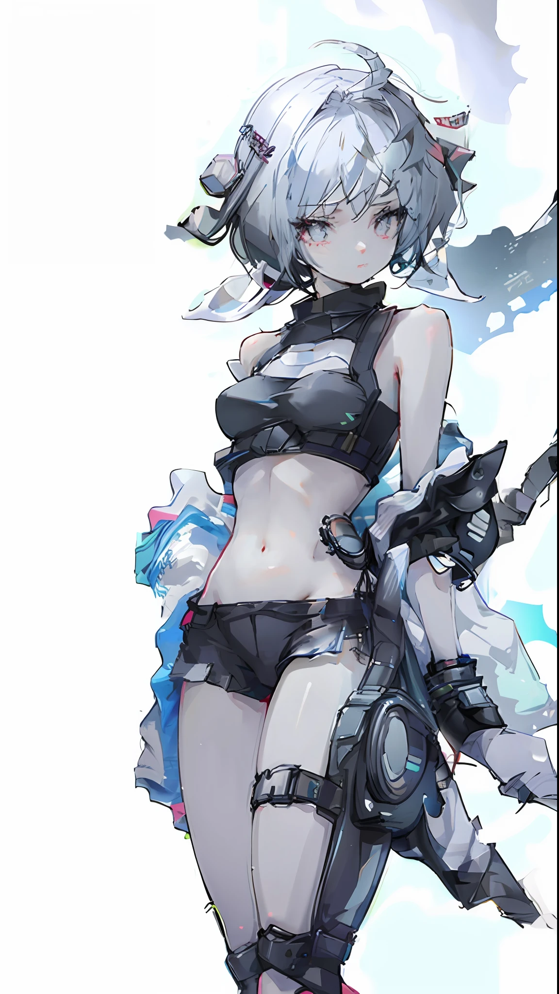 Woman body defined thick thighs cybernetic body parts, short underwear