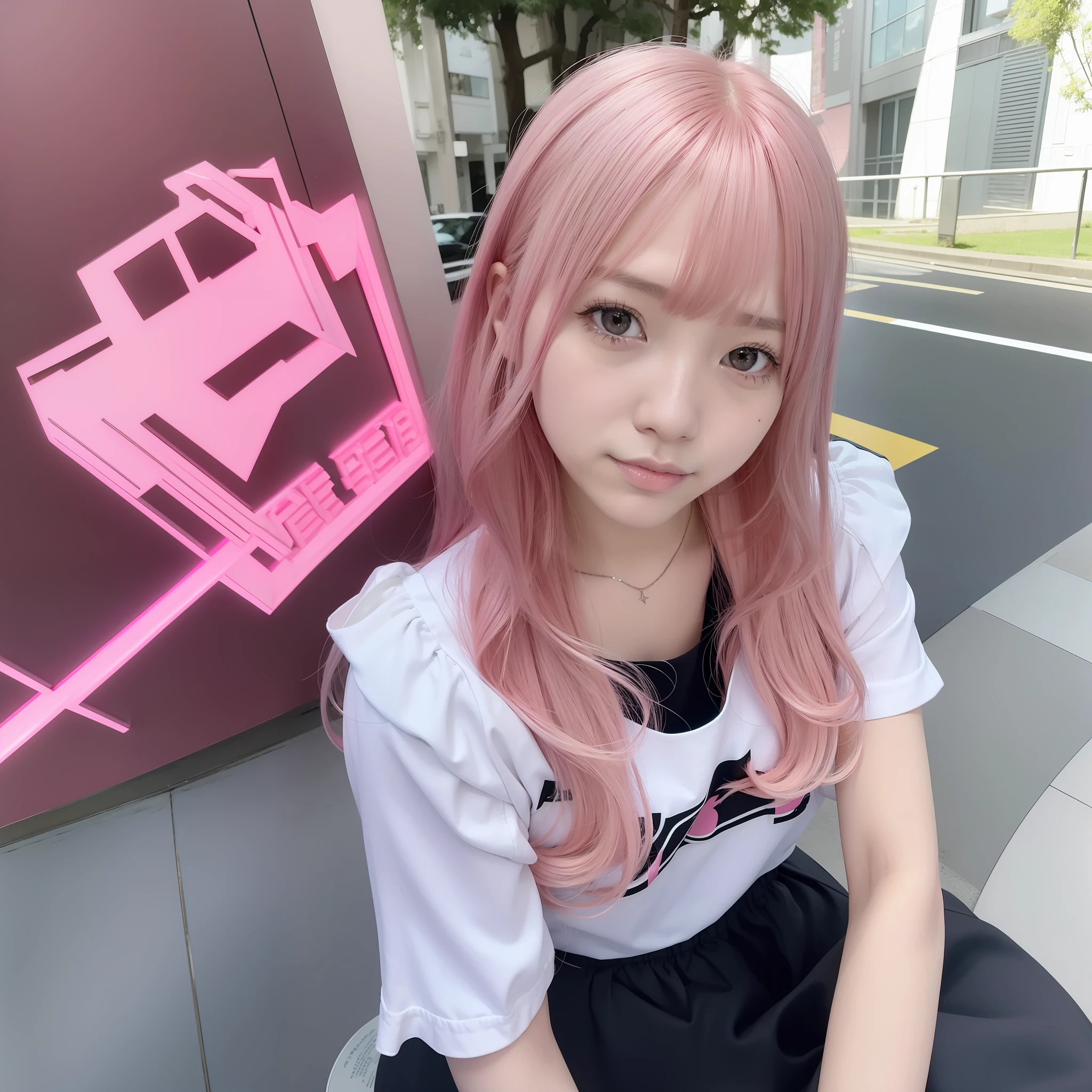 Ai Hoshino, beidge pink hair, long hair, favorite child, beautiful shining eyes, star in the eyes, idol, solo, 1 girl, long pink hair