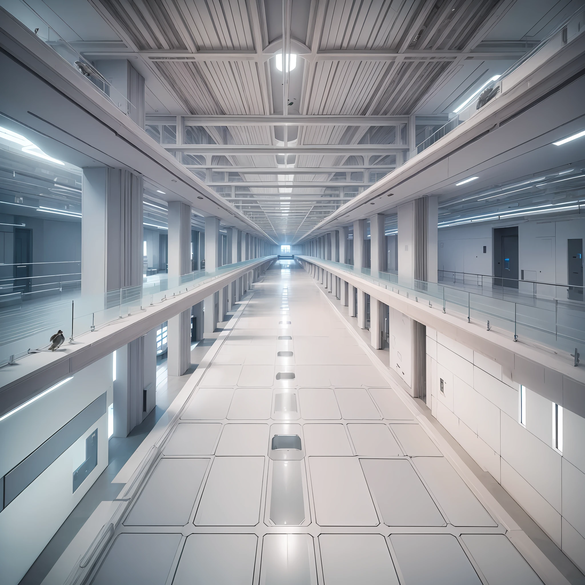 (((mega structure))), ((bird's eye view)), massive futuristic white hallway with several stories, gray tile flooring, scientist lab, ten story facility --auto --s2