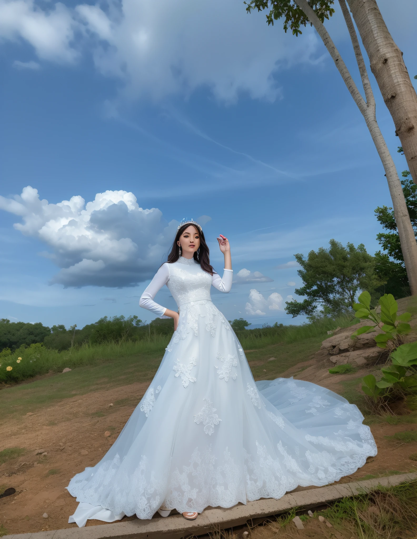 arafed woman in a wedding white dress posing for a picture, profesional photography, taken with canon eos R 5 d , ao dai, outdoor fine photography, taken with canon R 6, taken with canon R 6, taken with canon R 5 , shot on canon eos r5, shot on canon eos r 5, dramatic lighting cinematic establishing shot extremely high detail post processed underexposed 8k by simon stalenhag paul lehr greg rutkowski surrealism dark monochrome trending 4 k hq sharp focus __overcomer08__