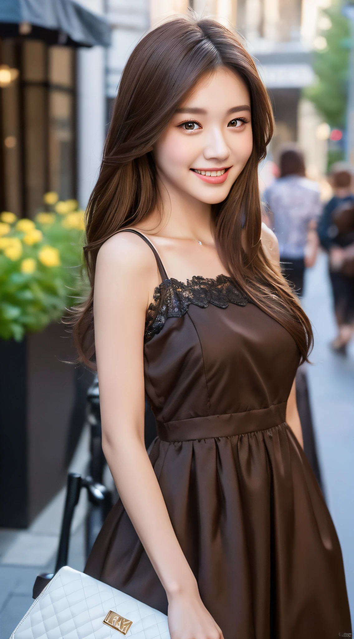 ((Best quality, 8k, Masterpiece :1.3)), 1girl, smiling, full body, slim face, Pretty woman, (Dark brown hair), full length dress :1.1, Ultra-detailed face, Detailed eyes, Double eyelid,  blur background, slim face, city, outside, street,