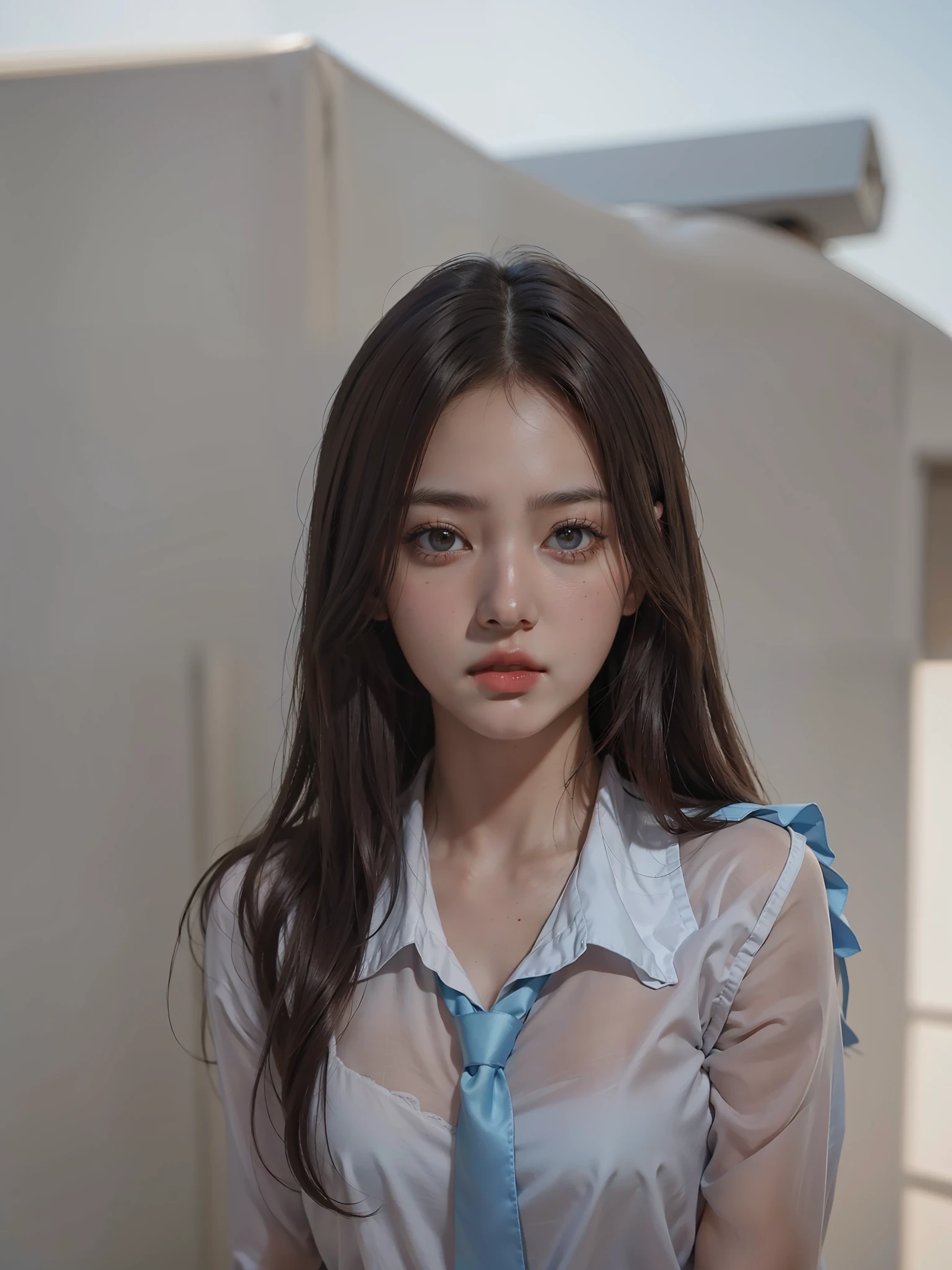 Best quality, masterpiece, ultra high resolution, (photorealistic: 1.4), raw photo, 1girl, DARK brown hair, brown eyes, bright skin, dramatic lighting, high school white shirt, blue tie