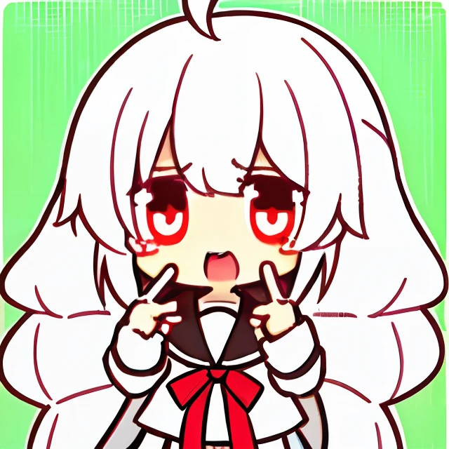 Anime girl with full white hair, long ponytail tied with red ribbon, ahoge, red eyes, eyes > < expression,laughting tears,evil laugh,open mouth,finger point at 1 direction,medium sized breasts,school uniform, back top uniform with red ribbon and white collar, face viewer,discord sticker,sticker,logo,minimalistic, (minimalistic: 1,5), show only head chest, chibi, (human:2,5),(green background:1,5),anime moe artstyle