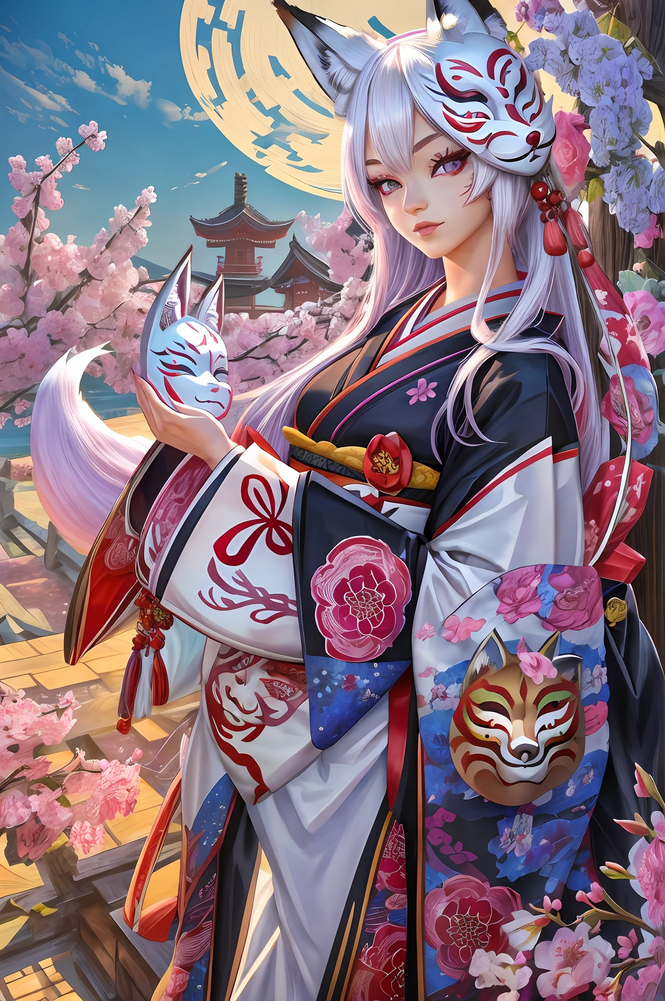 masterpiece, extreme magnificent view, extreme best quality, extreme detail CG, high resolution, sensitive face, high pupil, perfect anatomy,ultra detailed skin, 8k wallpaper, perspective, four fingers,1 thumb, (colorful, saturation, saturation:1.3), beautiful landscape, (full body:1.3), (beauty face:1.5),
(1 little girl), (Solo), (petite, 17 years old: 1.5), Dynamic Angle, Purple Eyes, White Hair, Long Hair, Straight Hair, Side Brandt Bangs, (Fox Mask:1.5),Japanese Style,Japanese Clothing,Beautiful Details Eyes, Red Higan Flower, (Photorealistic, Hyper-Realistic:1.5), Tabi Socks, Obi, Kimono, Floral Pattern, Floral Kimono,