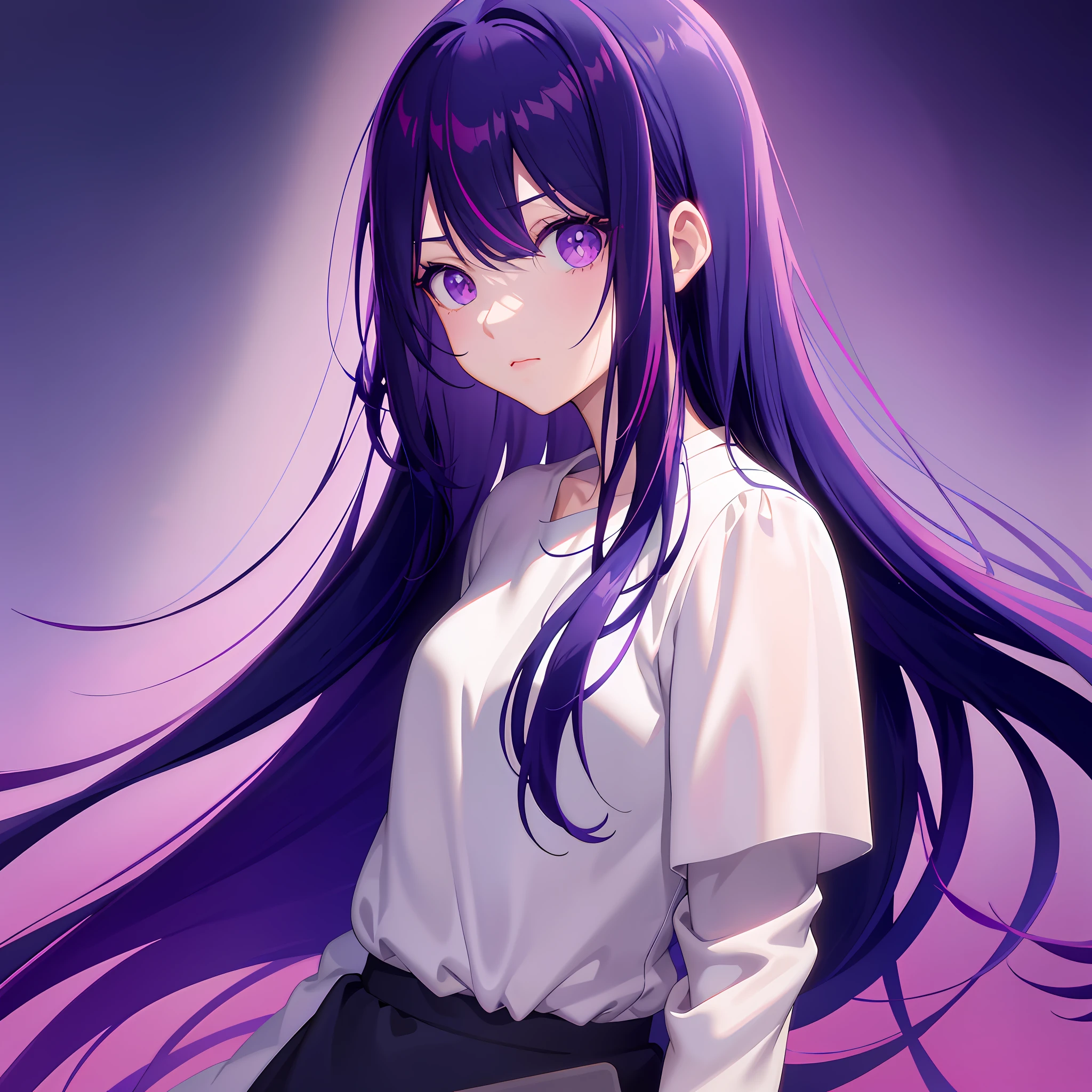 anime girl with long purple hair and white shirt holding a laptop, ilya kuvshinov with long hair, anime moe artstyle, anime girl with long hair, anime style 4 k, smooth anime cg art, anime visual of a cute girl, (anime girl), portrait anime girl, beautiful anime girl, anime art wallpaper 8 k, realistic anime artstyle