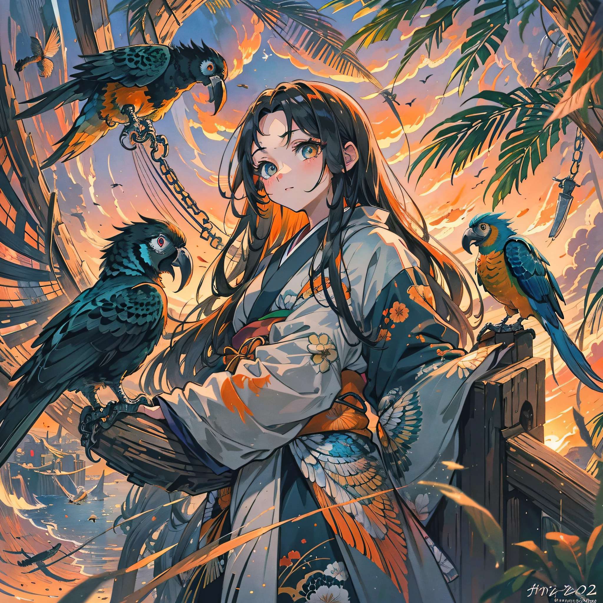 Masterpiece, best quality, {best quality}, {{masterpiece}}, {highres}, drawing, 2d digital drawing, anime, 1girl, anime girl, adult, exotic, long hair, colored hair, heterochromia, colors, colorful, orange sky, bird, bird, bird, parrot, macaw, japanese clothing, kimono, ornithologist --auto --s2