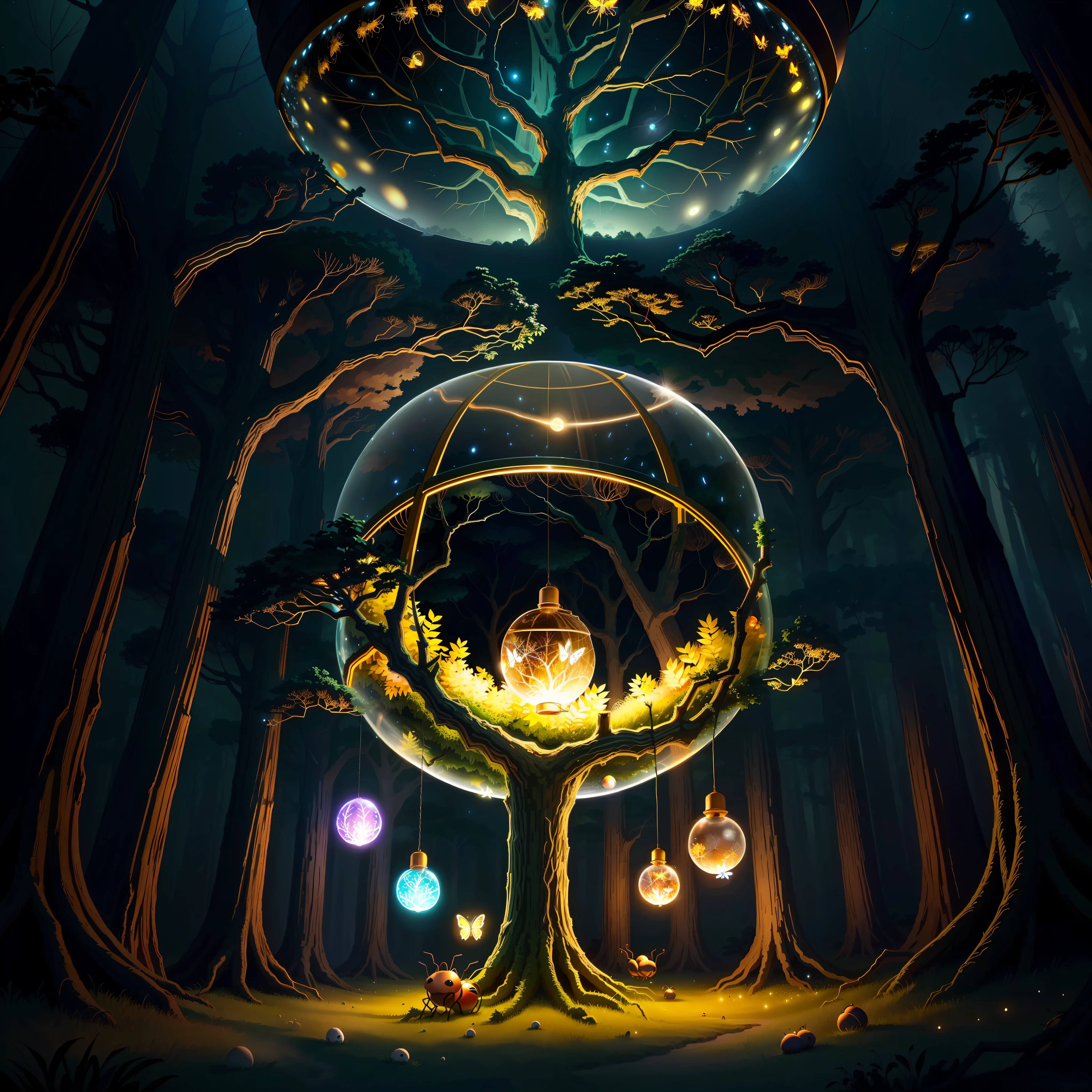 drawing me egg-shaped ant nests at night in an ancient forest, with tree spirits in spherical glass cages, twinkling lights, poetic, with fireflies and butterflies glowing, 4k, HDR, animated