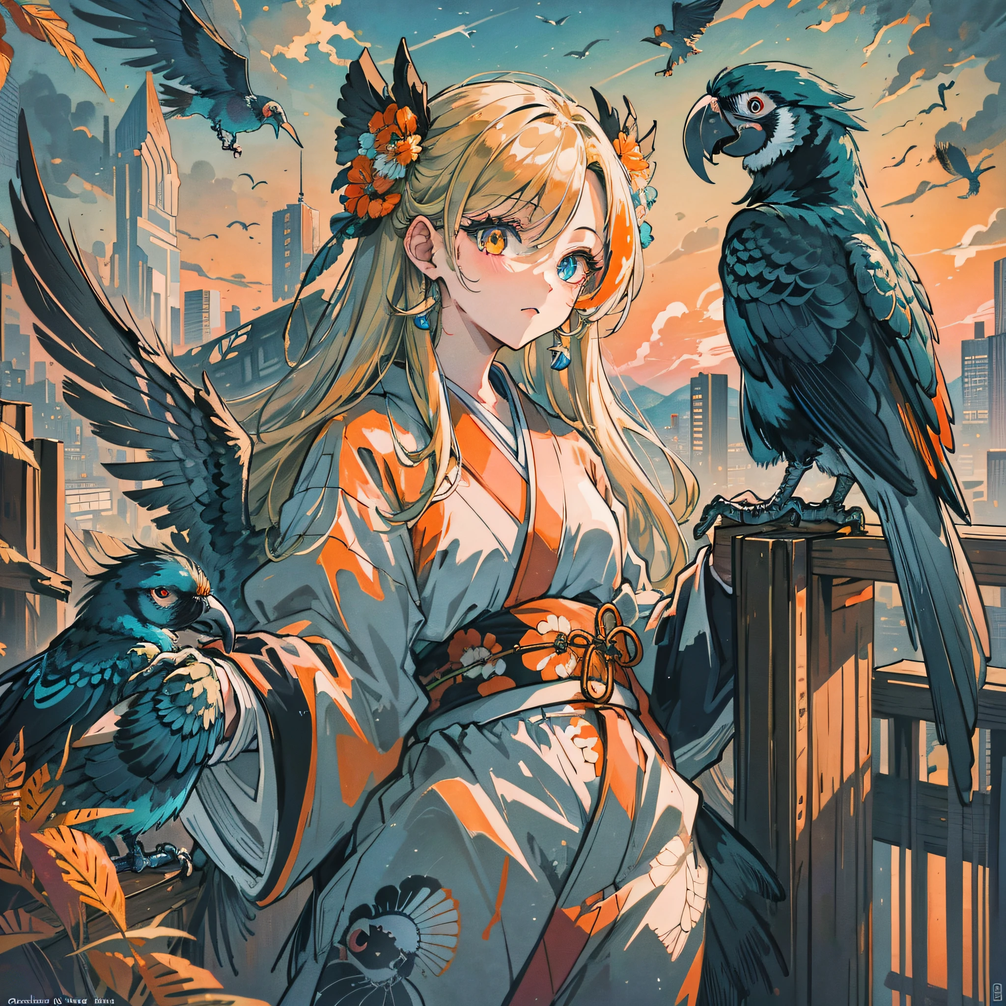 Masterpiece, best quality, {best quality}, {{masterpiece}}, {highres}, drawing, 2d digital drawing, anime, 1girl, anime girl, adult, exotic, long hair, colored hair, heterochromia, colors, colorful, orange sky, bird, bird, bird, parrot, macaw, japanese clothing, kimono, ornithologist --auto --s2