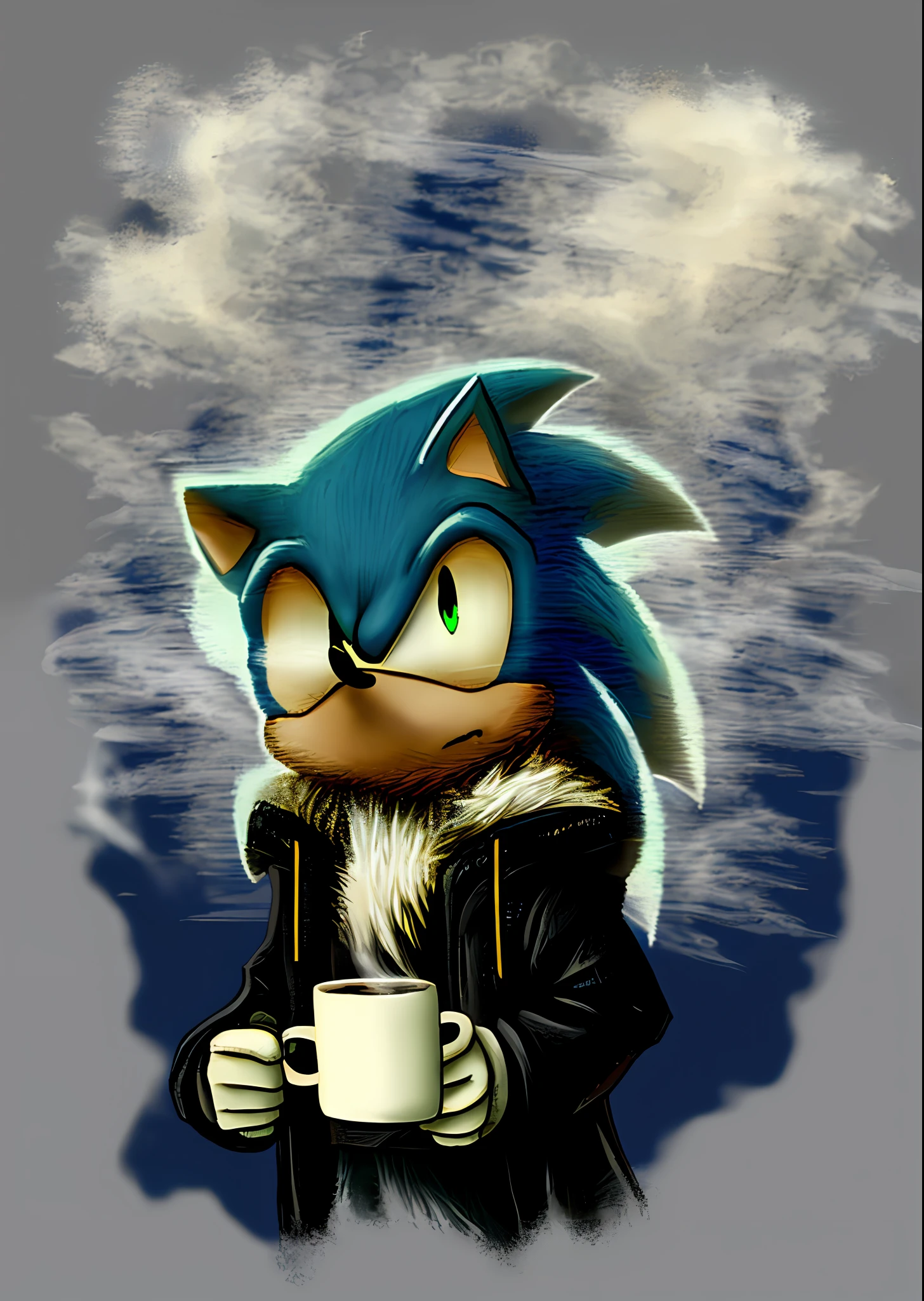 Sonic The hedgehog, male, solo, wearing a black coat, and holding a mug, smoke coming out from the top of the mug, ultra detailed, beautiful, the background is from inside a coffee shop