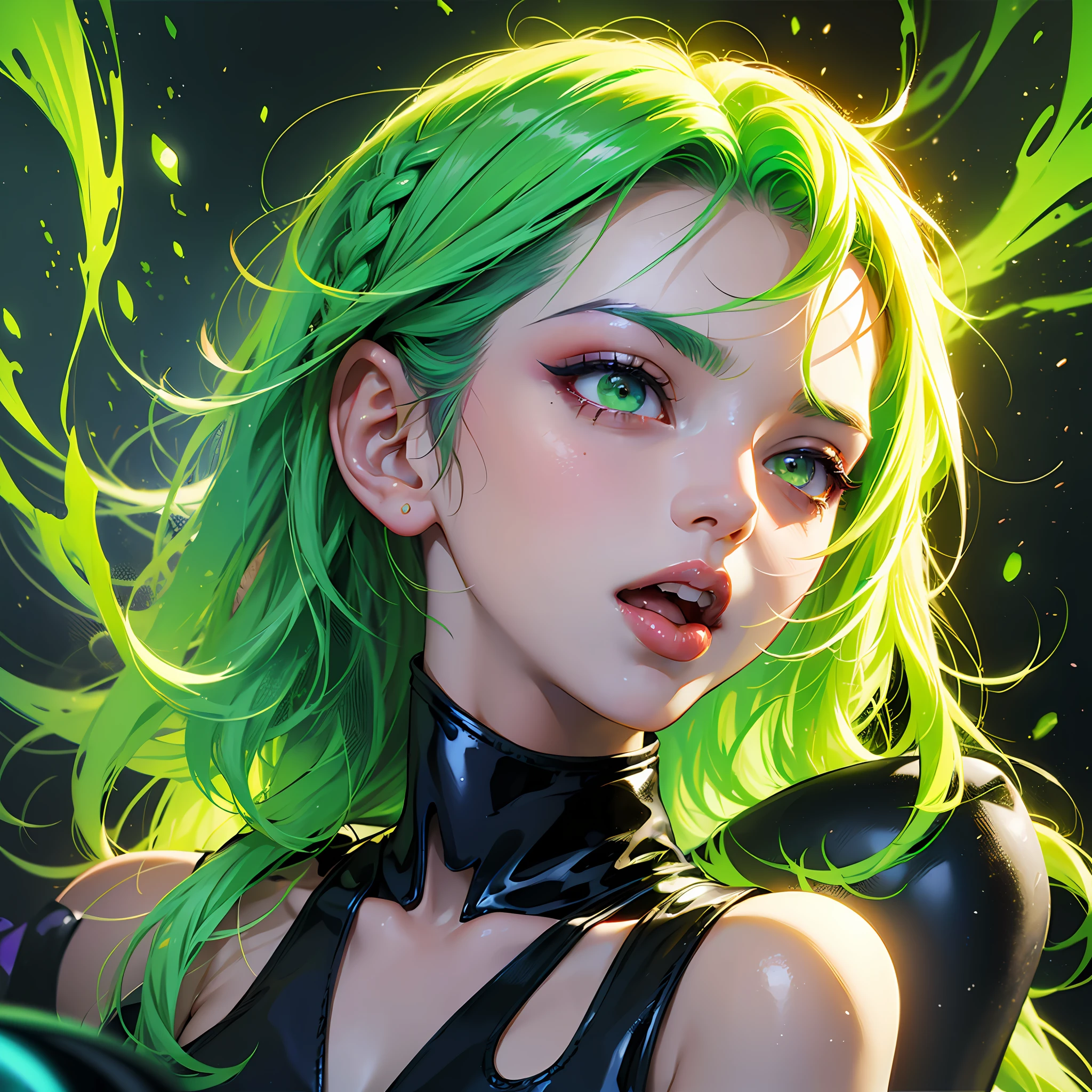flatart, no line art, no lines, focus on face, woman with light green yellow hair neon, neon, colorful, multicolored, vibrant colors, high saturation, braids, black latex clothing, arcane style, anime style,2d art, crazy eyes, open mouth, tongue, vampire teeths, \(league of legends\) , ((masterpiece)) --niji 5 --auto --s2