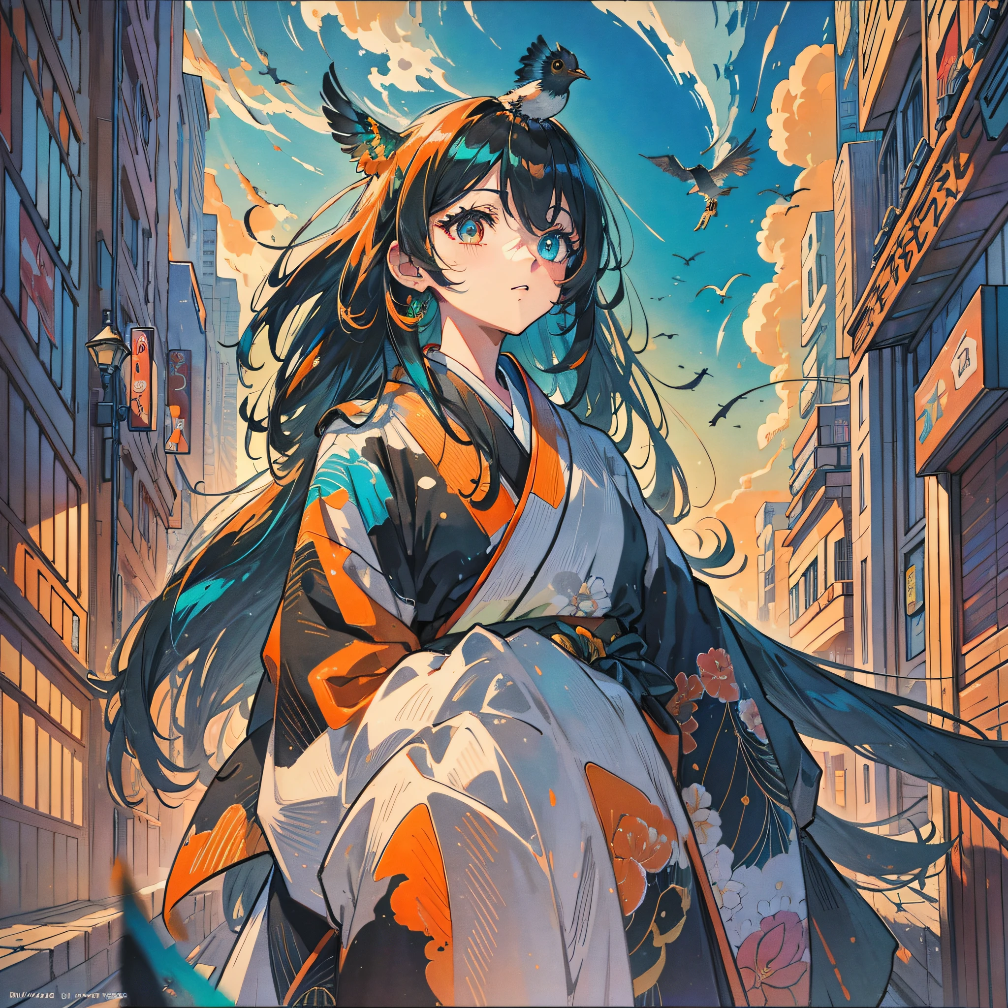 Masterpiece, best quality, {best quality}, {{masterpiece}}, {highres}, drawing, 2d digital drawing, anime, 1girl, anime girl, adult, exotic, long hair, colored hair, heterochromia, colors, colorful, orange sky, bird, bird, bird, peacock, japanese clothing, kimono, ornithologist --auto --s2