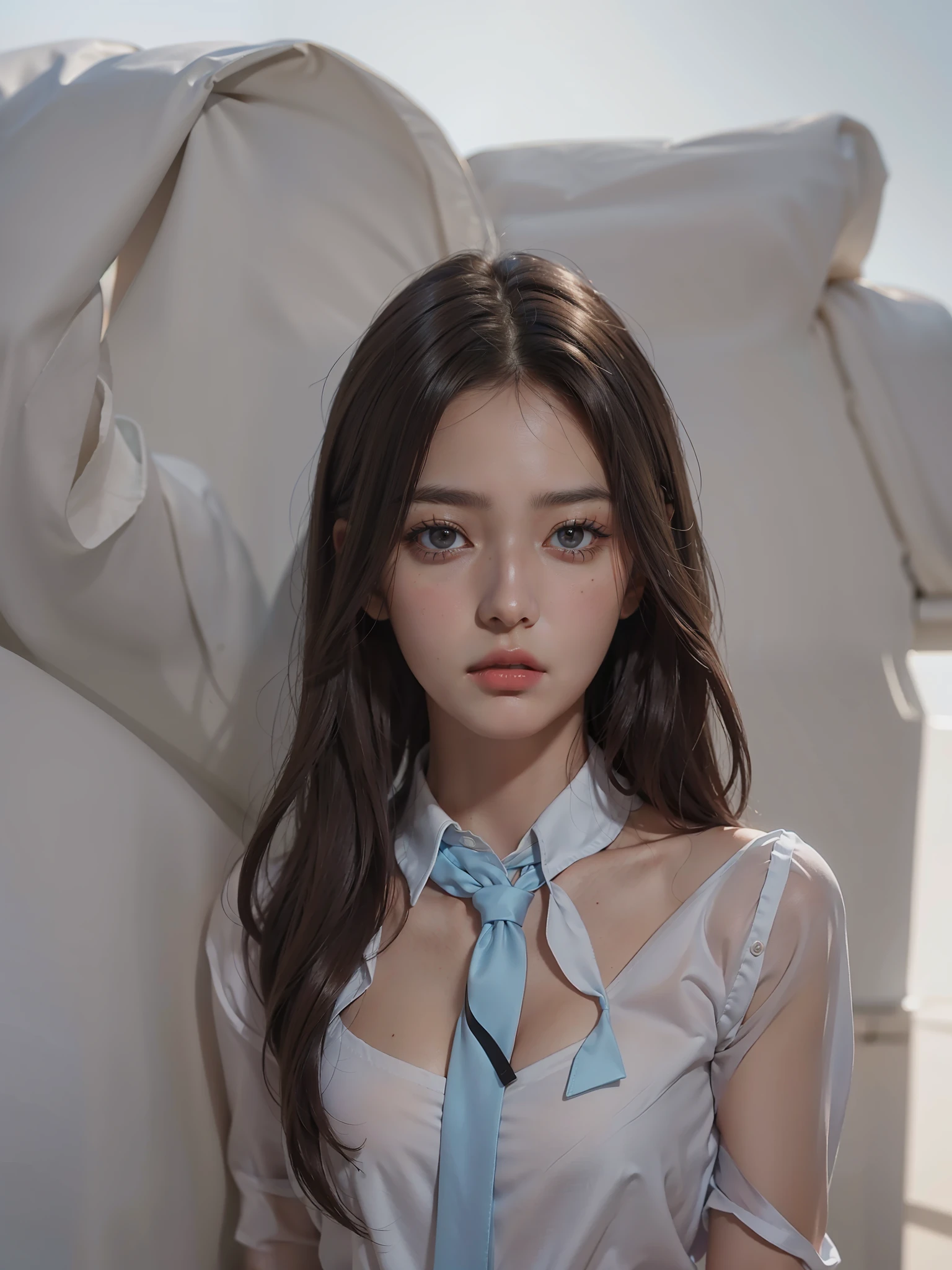 Best quality, masterpiece, ultra high resolution, (photorealistic: 1.4), raw photo, 1girl, DARK brown hair, brown eyes, bright skin, dramatic lighting, high school white shirt, blue tie, defined jaw, siren eyes