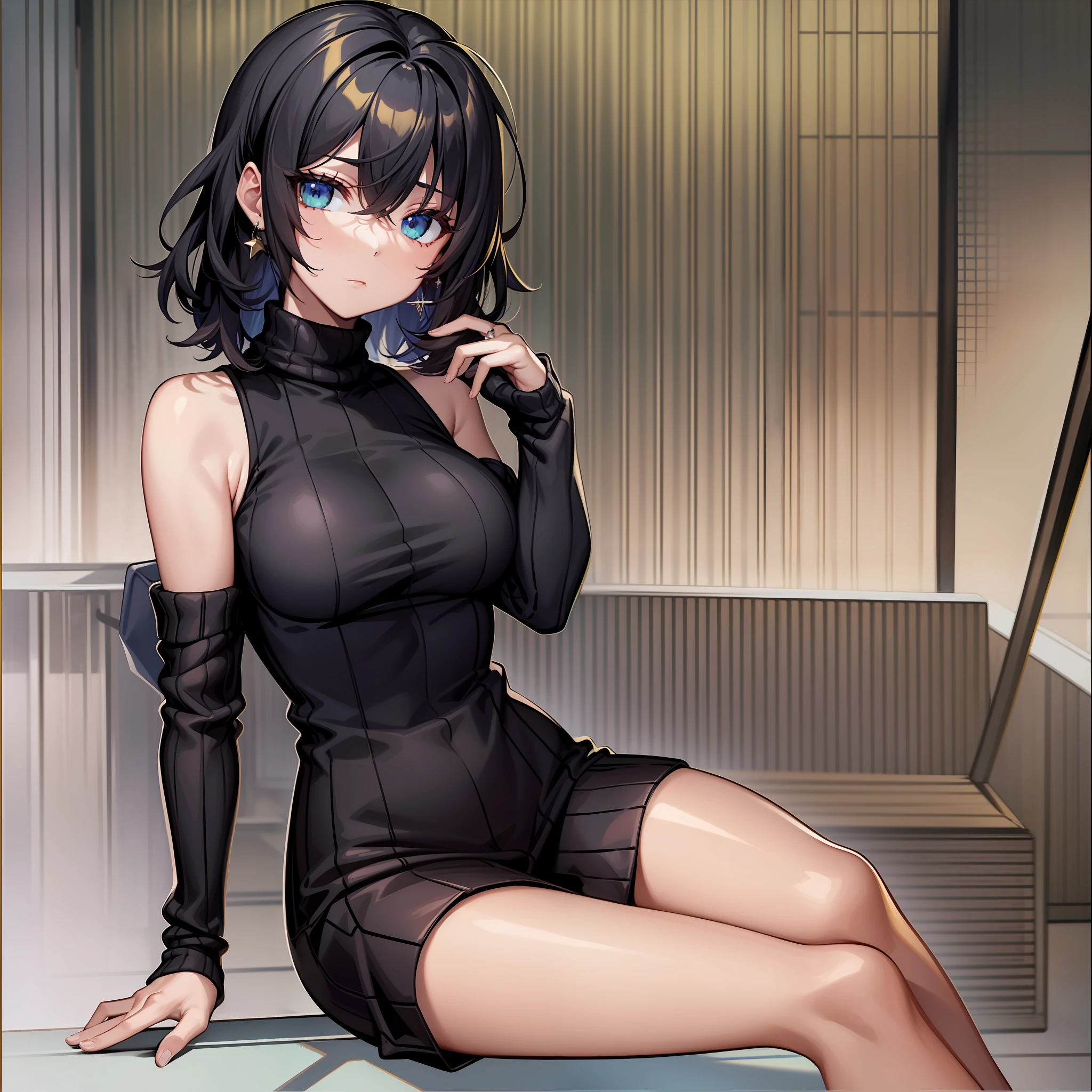 masterpiece, best quality, highres, fiona1, spy x family,  hair_over_one_eye, solo, earring, , expressionless, sweater dress, turtleneck sweater, sleeveless, outdoors, sitting, bench,