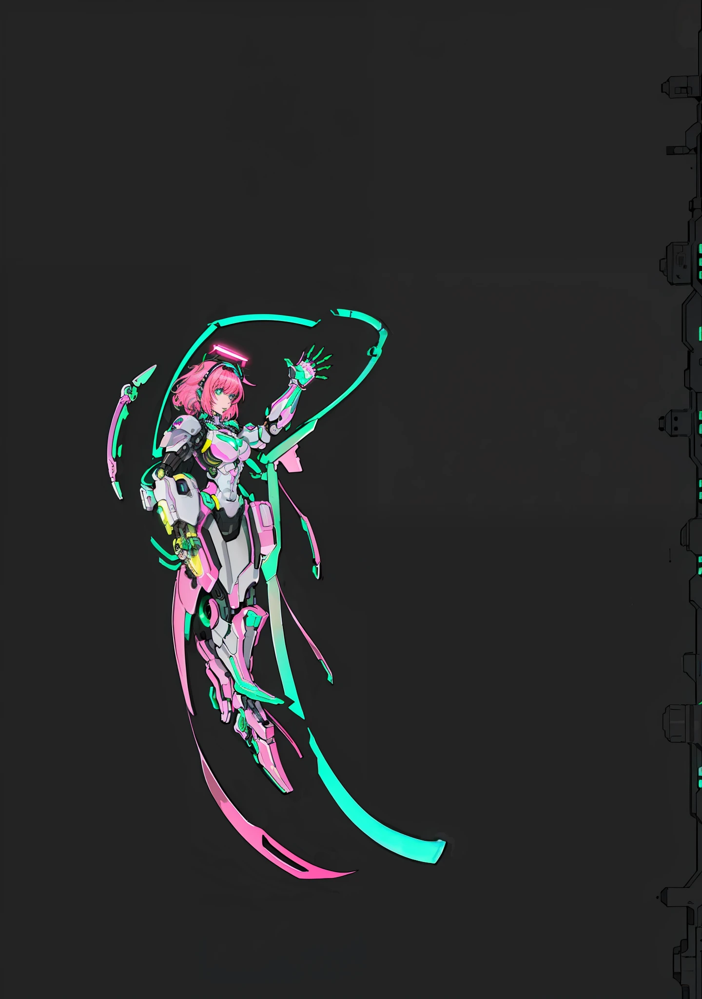 ((1girl, closeup, intricate details, (Cyberpunk: 1.4), robotic arm, (shiny neon armor:1.2), machine, , big, pink hair, drone, car)), neon city background, mechanical city