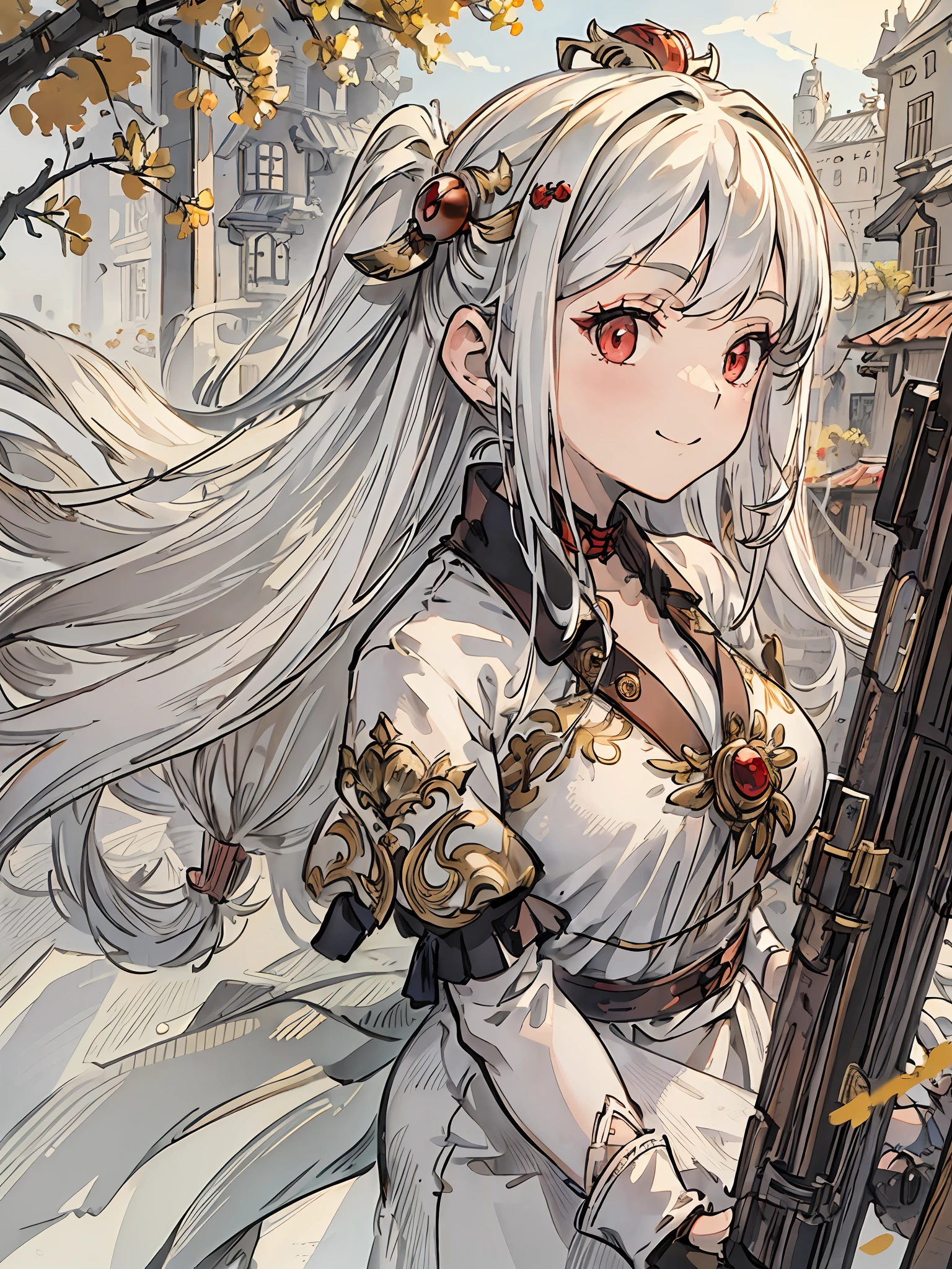 ((masterpiece,best quality)),1girl, long hair, white hair,  solo,[wedding dress|bikini],  red eyes, looking at viewer, standing, building, gloves, hair ornament,smile, floating hair, dutch angle, closed mouth, looking away, outdoors,