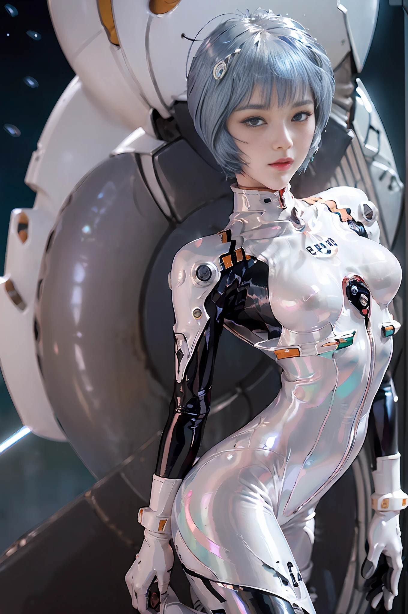Masterpiece,NSFW,((Whole body:1.1))))), (Realistic),Photographs, Top Quality, 1 female,(tall)),Small face,Ear folds,(((Rei Ayanami, Plug Suit 00)))), (Red Eyes,Beautiful Face, Beautiful Eyes))), (((Cute Face)), Wet Eyes, Face,Detail Face, Detail Lips, Detail Eyes, (Long Eyelashes), Double Eyelids, (Seductive Smile), (((gentle look, fleeting expression)),(Latex suit with strong metallic luster and smooth surface), (((Sexy tight metallic shiny pearl white rubber suit)))), (thick black line)))), from below, (upright), (camelt), (smooth body line)), pale short hair, (((pale and thin eyebrows)), beautiful hair, ( Big round breasts), small logo pattern on the chest is zero, mecha suit, thin long waist, white skin, (turn around pose), (((giant moon and night sky)), spaceship, (face and eye details: 1.1), loneliness, blush, (shy)), very delicate and beautiful girl, small logo pattern on the chest is zero, standing, (((legs closed pose)), (to8 contrast style), Small egg-shaped psychosensory apparatus on both sides of the head