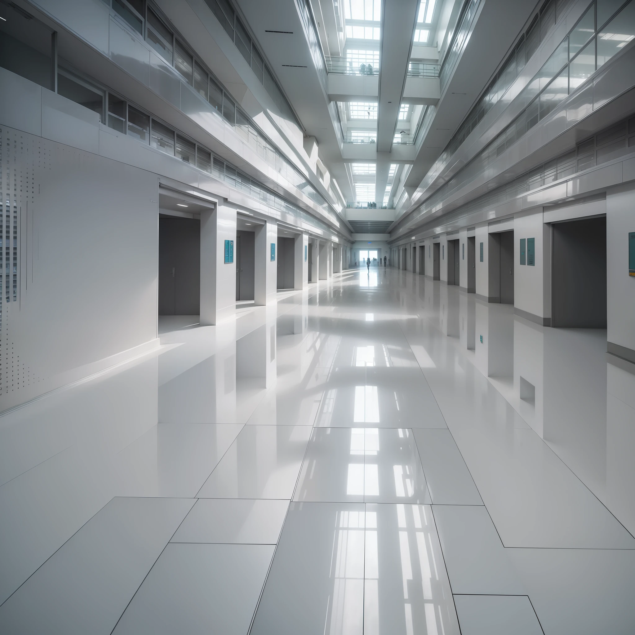 (((mega structure))), ((bird's eye view)), (massive futuristic white hallway with several stories), gray tile flooring, scientist lab, ten story facility, ((people walking down halls))
