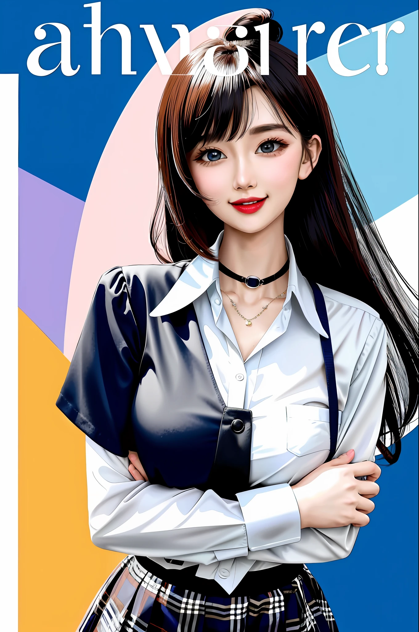 masterpiece, best quality, full body, 1girl, bangs, black choker, black necktie, black hair, blue skirt, blush, bracelet, breasts, choker, clothes around waist, collarbone, collared shirt, cowboy shot, dress shirt, ear piercing, eyebrows visible through hair, gradient hair, grin, gyaru, jewelry, kogal, long hair, looking at viewer, loose necktie, necktie, piercing, plaid, plaid skirt, pleated skirt, red eyes, ring, school uniform, shirt, skirt, smile, solo, white shirt, street, sky, cherry blossoms, petals,illustration, (magazine:1.3), (cover-style:1.3), fashionable, woman, vibrant, outfit, posing, front, colorful, dynamic, background, elements, confident, expression, holding, statement, accessory, majestic, coiled, around, touch, scene, text, cover, bold, attention-grabbing, title, stylish, font, catchy, headline, larger, striking, modern, trendy, focus, fashion,