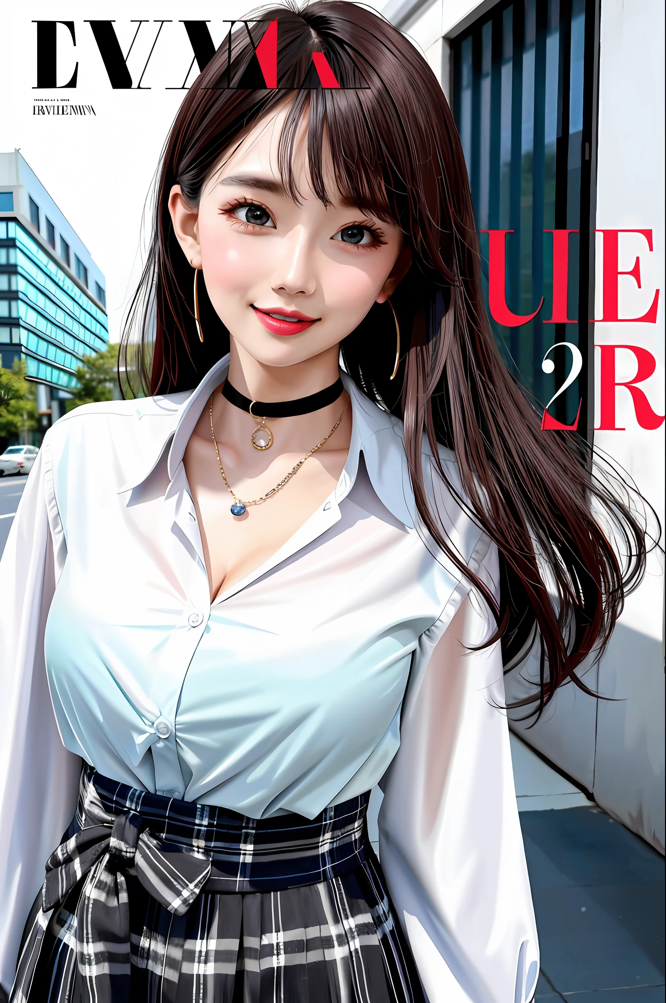masterpiece, best quality, full body, 1girl, bangs, black choker, black necktie, black hair, blue skirt, blush, bracelet, breasts, choker, clothes around waist, collarbone, collared shirt, cowboy shot, dress shirt, ear piercing, eyebrows visible through hair, gradient hair, grin, gyaru, jewelry, kogal, long hair, looking at viewer, loose necktie, necktie, piercing, plaid, plaid skirt, pleated skirt, red eyes, ring, school uniform, shirt, skirt, smile, solo, white shirt, street, sky, cherry blossoms, petals,illustration, (magazine:1.3), (cover-style:1.3), fashionable, woman, vibrant, outfit, posing, front, colorful, dynamic, background, elements, confident, expression, holding, statement, accessory, majestic, coiled, around, touch, scene, text, cover, bold, attention-grabbing, title, stylish, font, catchy, headline, larger, striking, modern, trendy, focus, fashion,