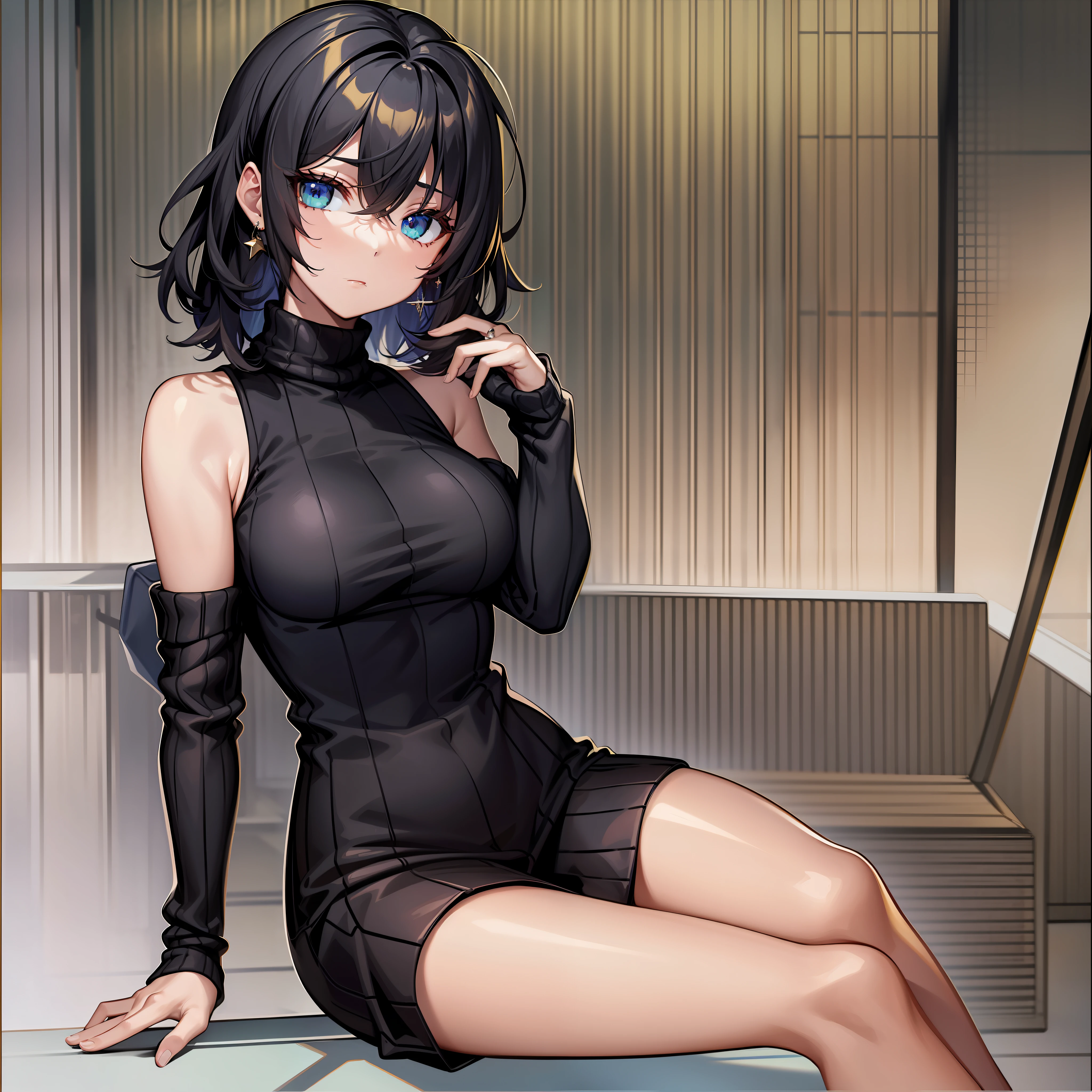 masterpiece, best quality, highres, fiona1, spy x family,  hair_over_one_eye, solo, earring, breasts, expressionless, sweater dress, turtleneck sweater, sleeveless, outdoors, sitting, bench,