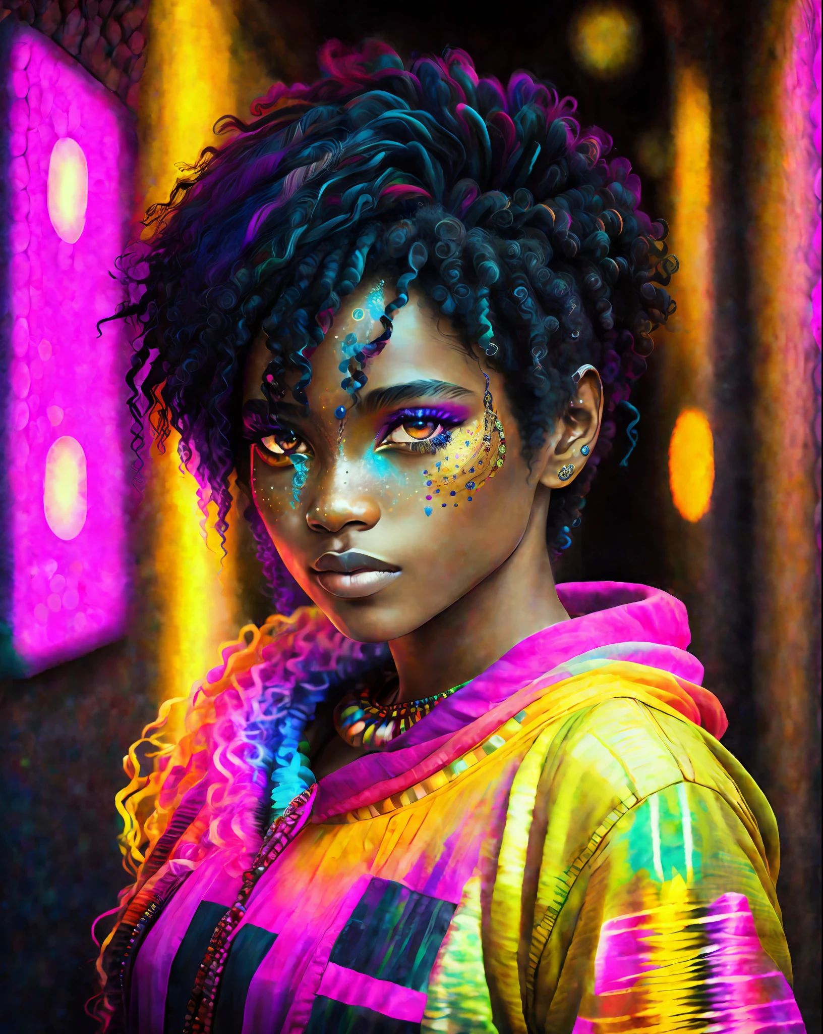 african goddess, beautiful face, luxuriant afro-textured messed rainbow hair, dark skin, heterochromia eyes, really curly hair