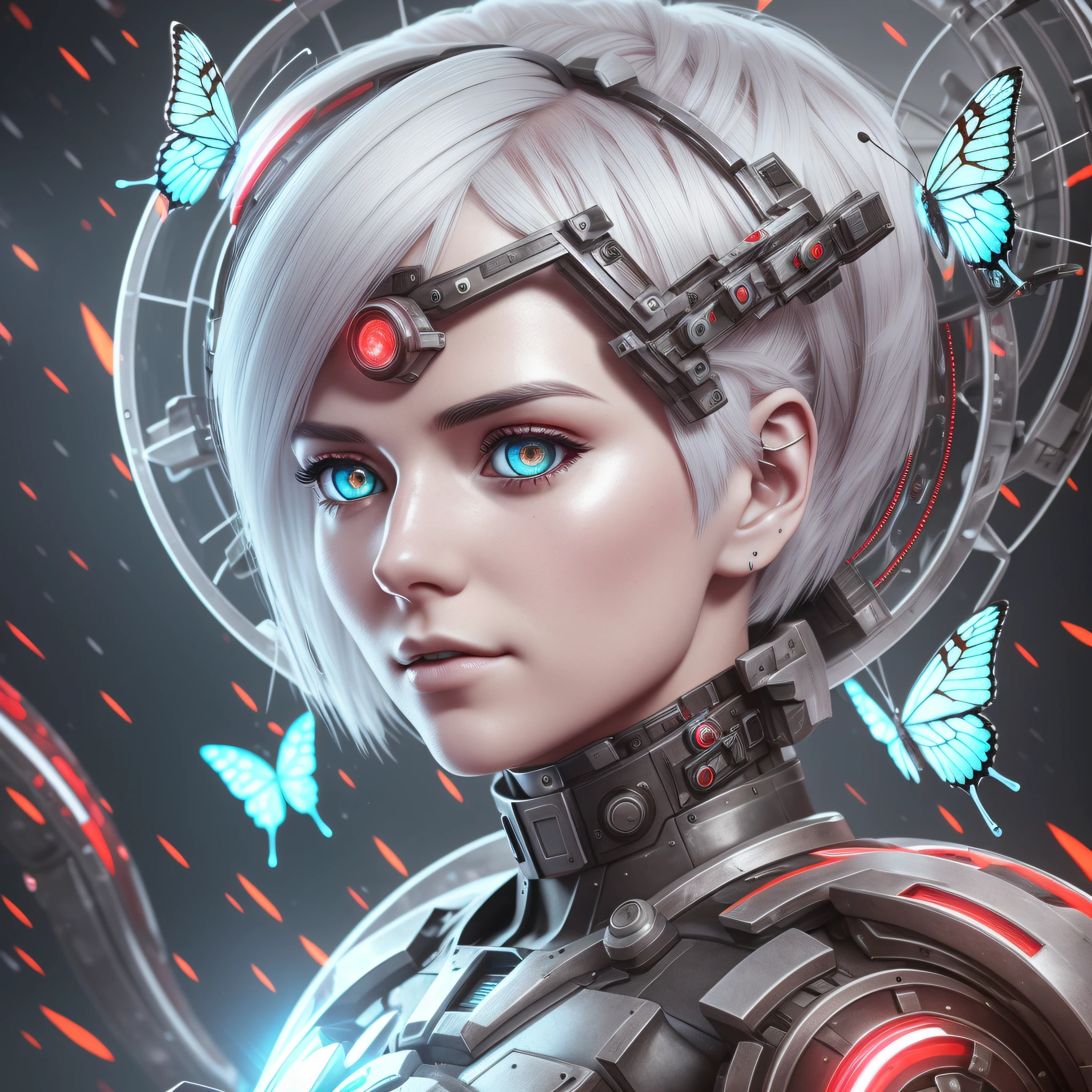 machine female woman, short white hair, heterochromia, bubbles around, oily butterflies, futuristic, 3D, 8K, grimes style, ethereal, red and white colors, mechanic dragons in background, up scale, ultra hd, details --auto --s2