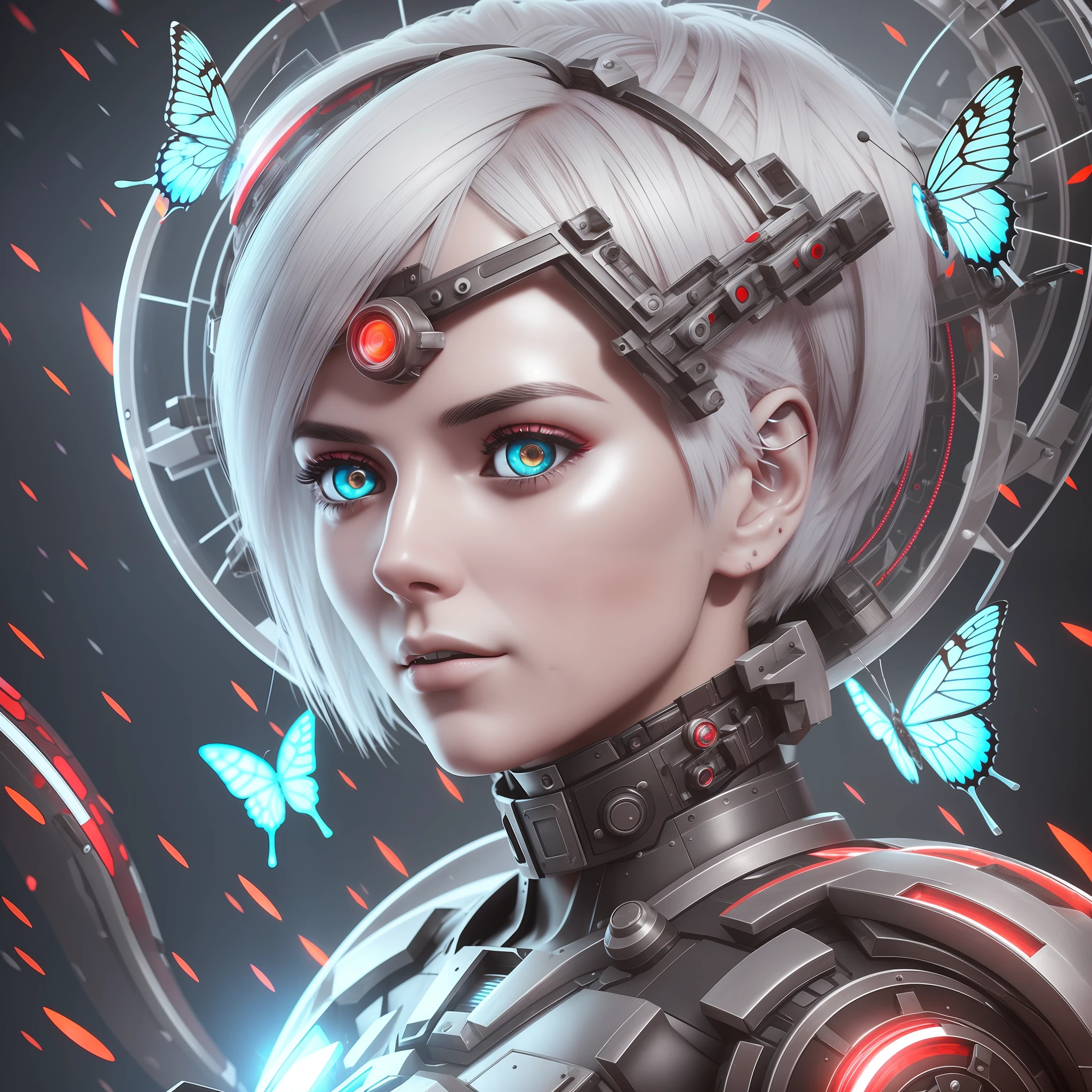 machine female woman, short white hair, heterochromia, bubbles around, oily butterflies, futuristic, 3D, 8K, grimes style, ethereal, red and white colors, mechanic dragons in background, up scale, ultra hd, details --auto --s2