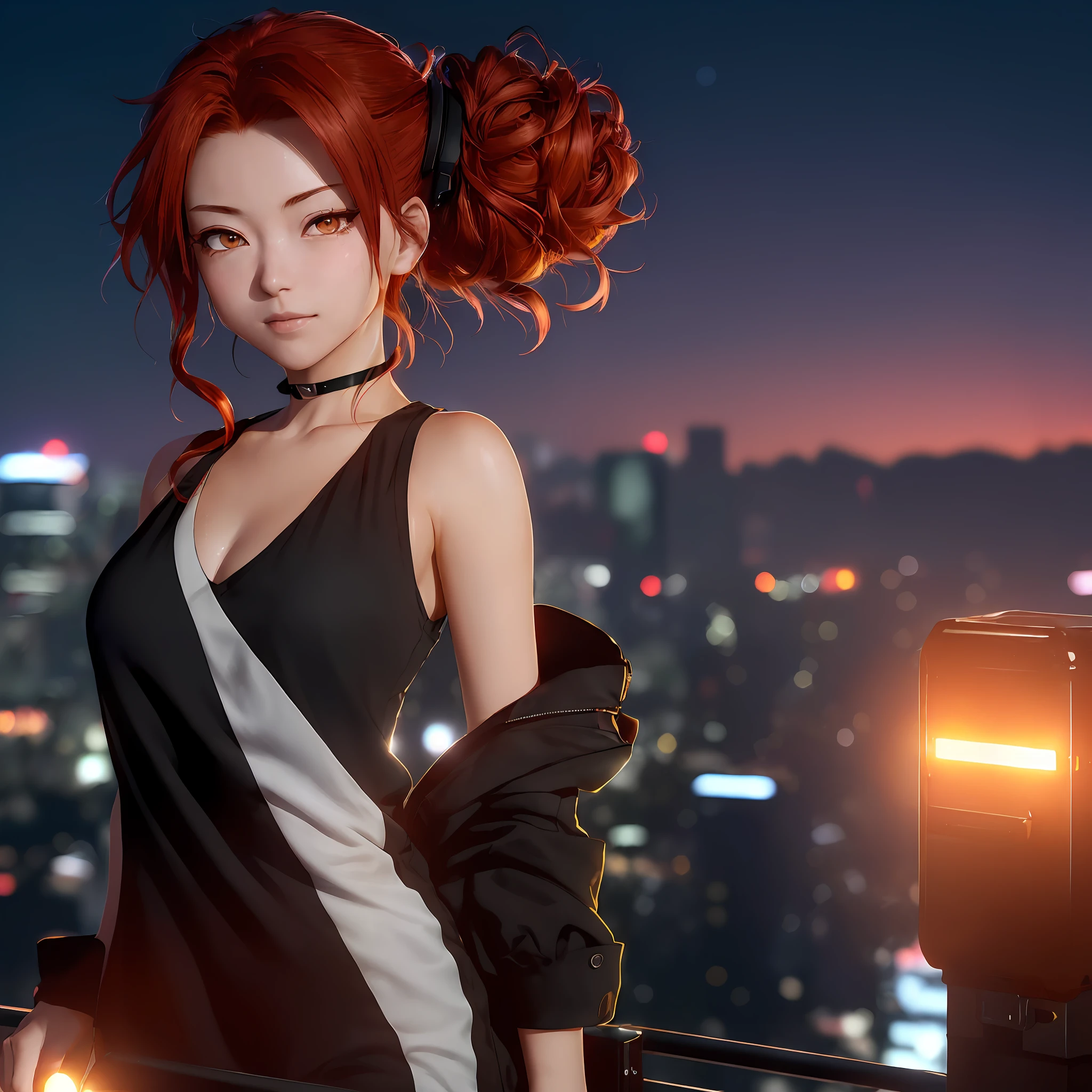 (Masterpiece, 8k resolution, ultra-realistic, very detailed), portrait of Murata Himeko from honkai impact at night, standing on a Star Rail car, gazing on the city below. The Star Rail car is suspended in the air by glowing tracks, with the night sky and bright neon lights below them. ((Himeko is lit from below with his eyes cast in shadow to emphasize his stoic demeanor))(Red hair done in a somewhat messy,wavy updo with parted bangs)She also has amber eyes and fair skin.