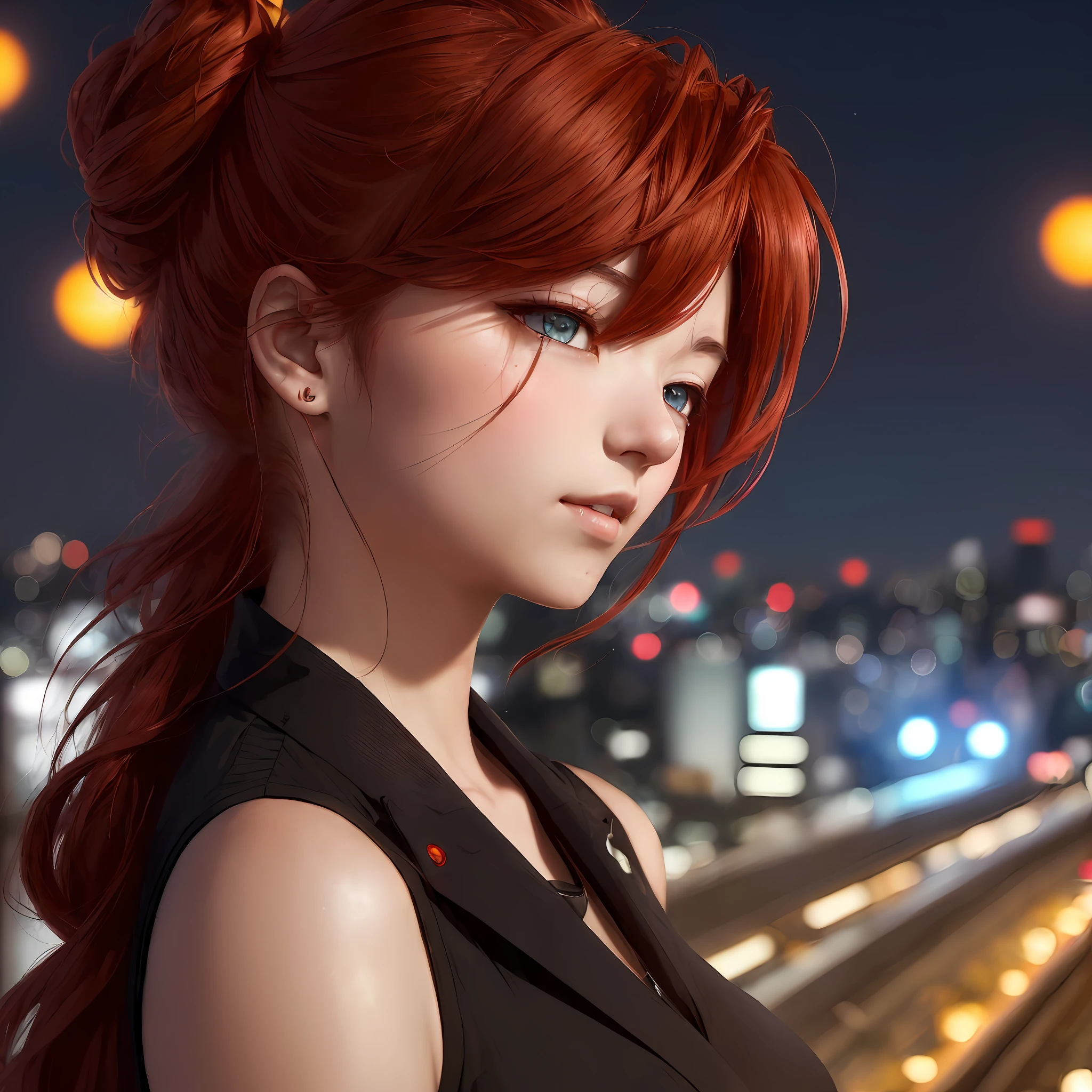 (Masterpiece, 8k resolution, ultra-realistic, very detailed), portrait of Murata Himeko from honkai impact at night, standing on a Star Rail car, gazing on the city below. The Star Rail car is suspended in the air by glowing tracks, with the night sky and bright neon lights below them. ((Himeko is lit from below with his eyes cast in shadow to emphasize his stoic demeanor))(Red hair done in a somewhat messy,wavy updo with parted bangs)She also has amber eyes and fair skin.