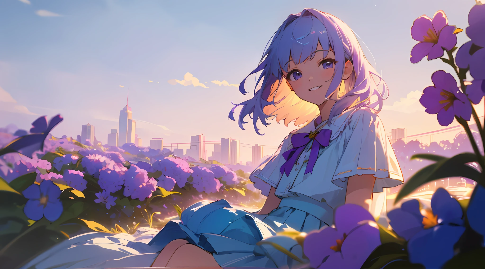 Medium shot, medium shot, depth of field, bust, upper body, cinematic angle, masterpiece, best quality, super detailed, CG, 8K wallpaper, pretty face, delicate eyes, a maiden, solo, sitting, smiling, skyline, beautiful detailed sky, light blue shorts, translucent white pleated skirt, purple flowers, flower fields