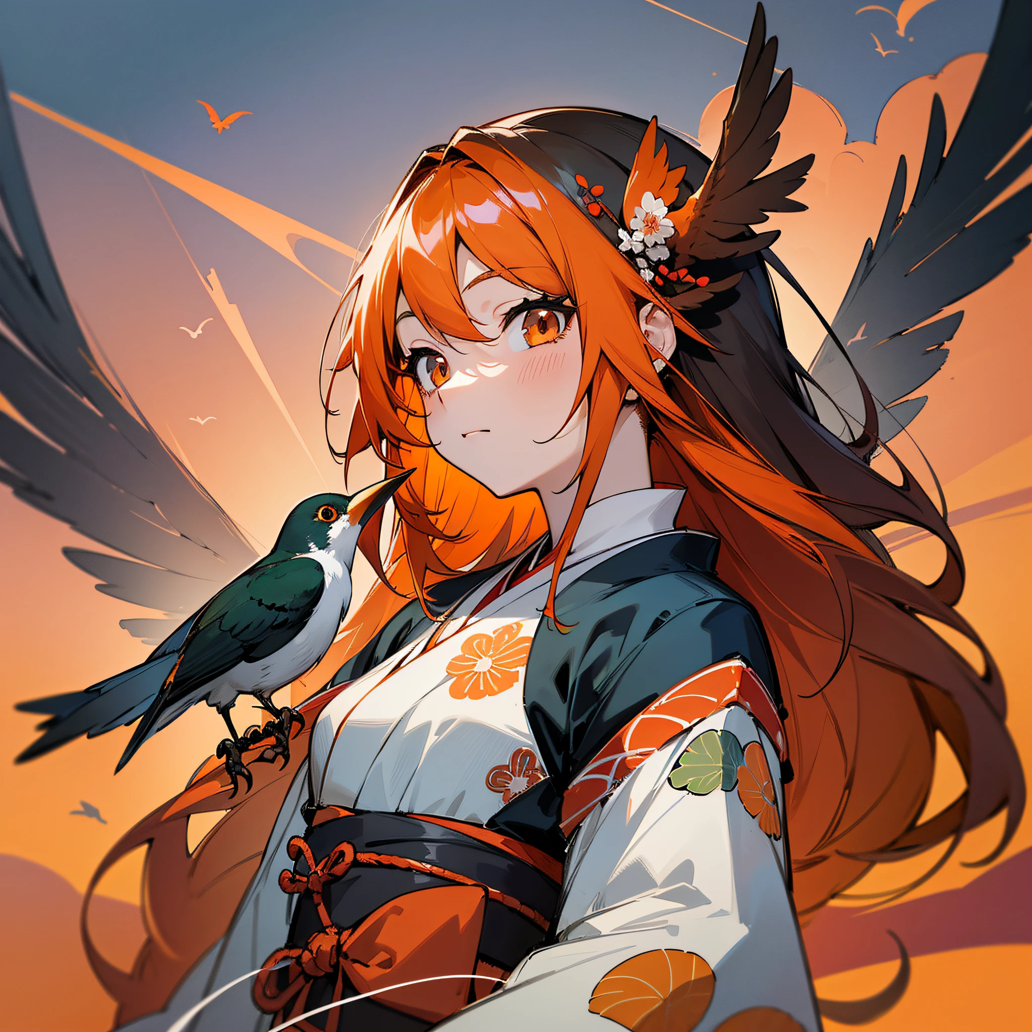Masterpiece, best quality, {best quality}, {{masterpiece}}, {highres}, drawing, 2d digital drawing, anime, 1girl, anime girl, adult, exotic, long hair, colored hair, colors, colorful, orange sky, nightingale, bird, bird, bird, japanese clothing, kimono, ornithologist --auto --s2