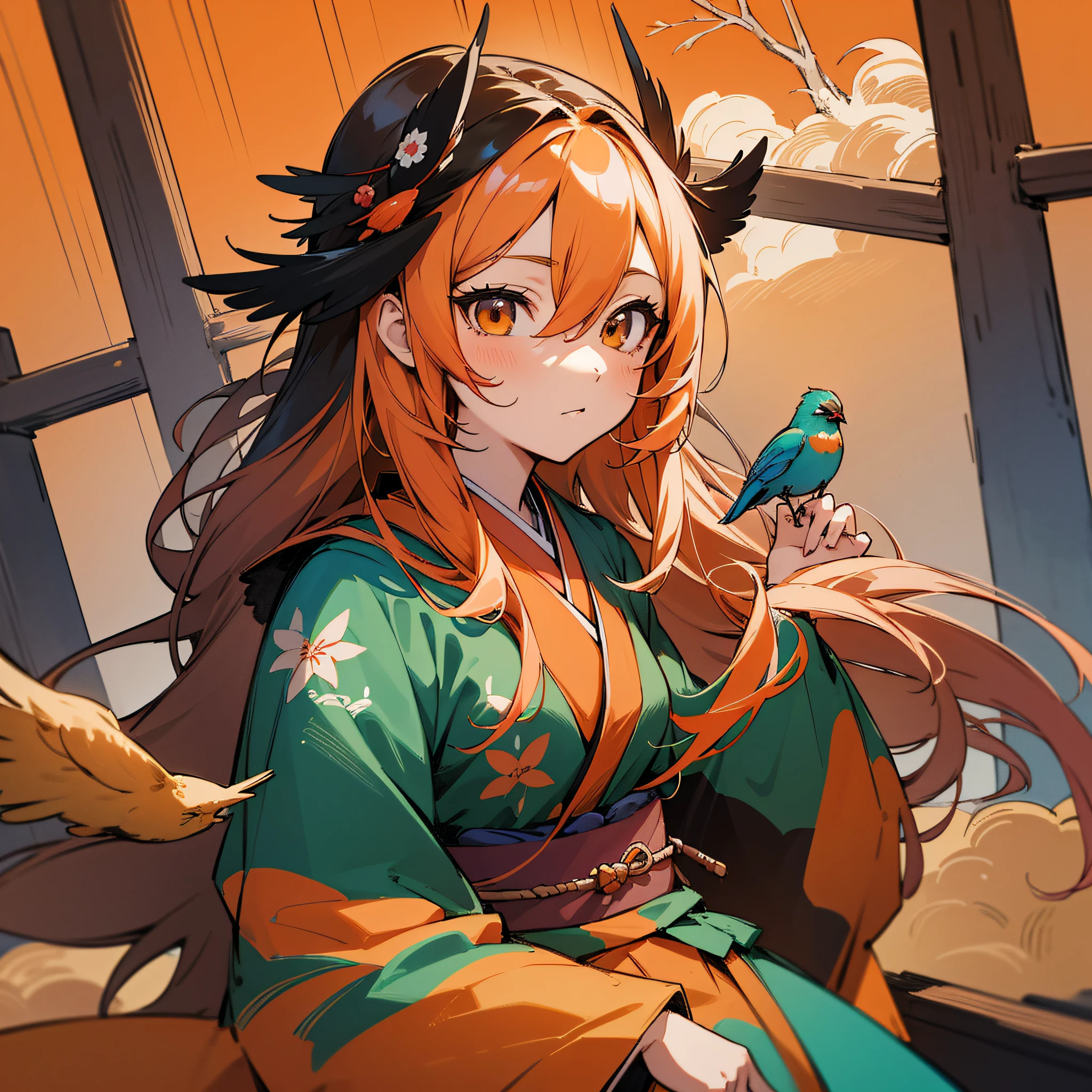 Masterpiece, best quality, {best quality}, {{masterpiece}}, {highres}, drawing, 2d digital drawing, anime, 1girl, anime girl, adult, exotic, long hair, colored hair, colors, colorful, orange sky, nightingale, bird, bird, bird, japanese clothing, kimono, ornithologist --auto --s2