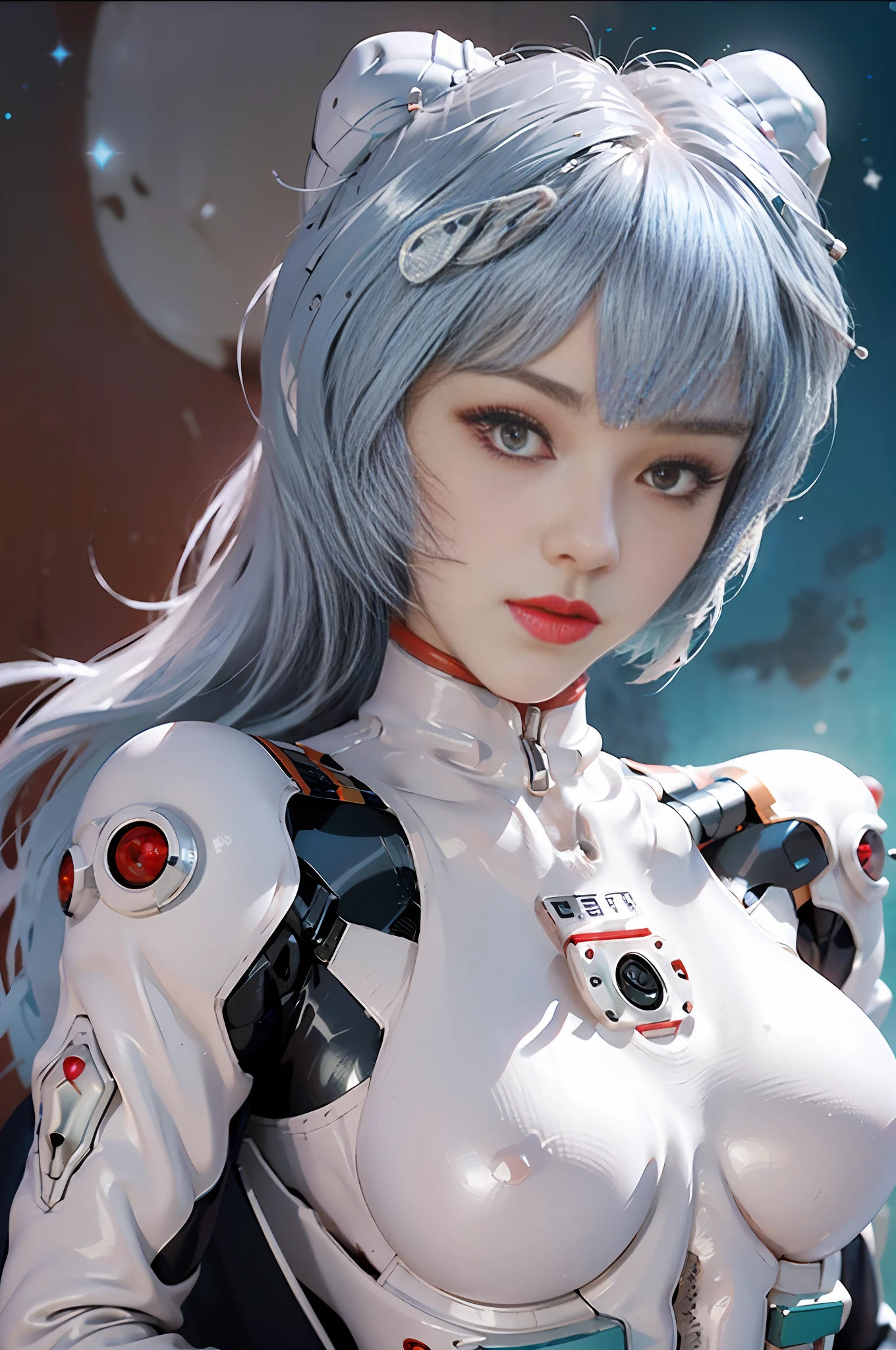Masterpiece,NSFW,((Whole body:1.1))))), (Realistic),Photographs, Best Quality, 1 female,(tall)),Ear fold,(((Rei Ayanami, Plug Suit 00)))), ((((Red Eyes,Beautiful Face, Beautiful Eyes))), (Cute Face)), Wet Eyes, Face,Detail Face, Detail Lips, Detail Eyes, (Long Eyelashes), Double Eyelids, (Seductive Smile), ( (gentle look, fleeting expression)),(pearl white rubber suit with strong metallic luster and smooth surface), ((sexy tight metallic shiny pearl white rubber suit)))), (thick black line))), from below, (upright), (camelt), (smooth body line)), pale short hair, ((pale thin eyebrows)), beautiful hair, (big round breasts), small logo pattern on the chest is zero, mecha suit, thin long waist, white skin, (turn around pose), ((night sky, spaceship)), (face and eye details: 1.1), loneliness, blush, (shy)), very delicate and beautiful girl, small logo pattern on the chest is zero, standing, (((legs closed pose)), (to8 contrast style), Small egg-shaped psychosensory apparatus on both sides of the head