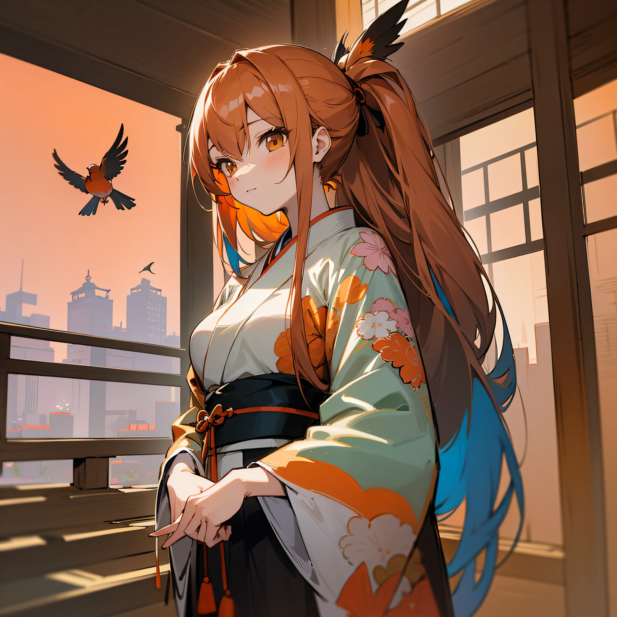 Masterpiece, best quality, {best quality}, {{masterpiece}}, {highres}, drawing, 2d digital drawing, anime, 1girl, anime girl, adult, exotic, long hair, colored hair, colors, colorful, orange sky, nightingale, bird, bird, bird, japanese clothing, kimono, ornithologist --auto --s2