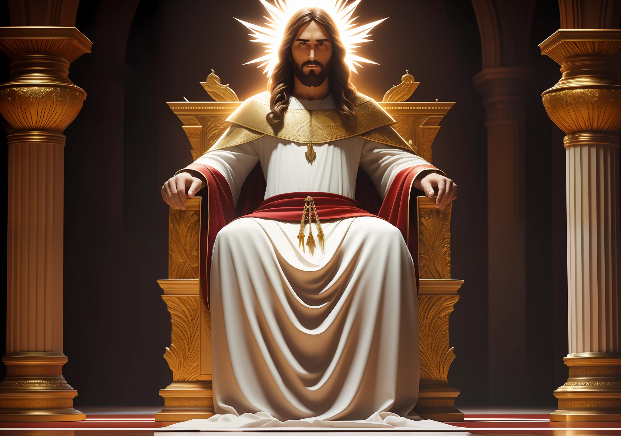 jesus sitting on the divine throne with power and majesty well dressed with white and red tonic, masterpiece, best quality, high quality, 8k unit wallpaper CG extremely detailed, award-winning photography, Bokeh, Depth of Field, HDR, bloom, chromatic aberration, photorealistic, extremely detailed, trend in artstation, trend in CGsociety, intricate, high detail, dramatic, art in the middle of the journey, Volumetric lighting