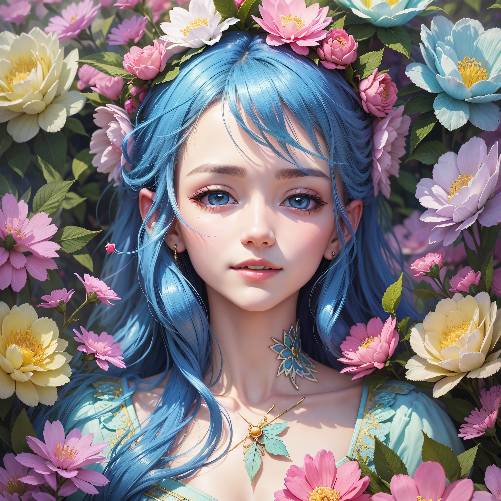 A close up of a woman with blue hair and flowers - SeaArt AI