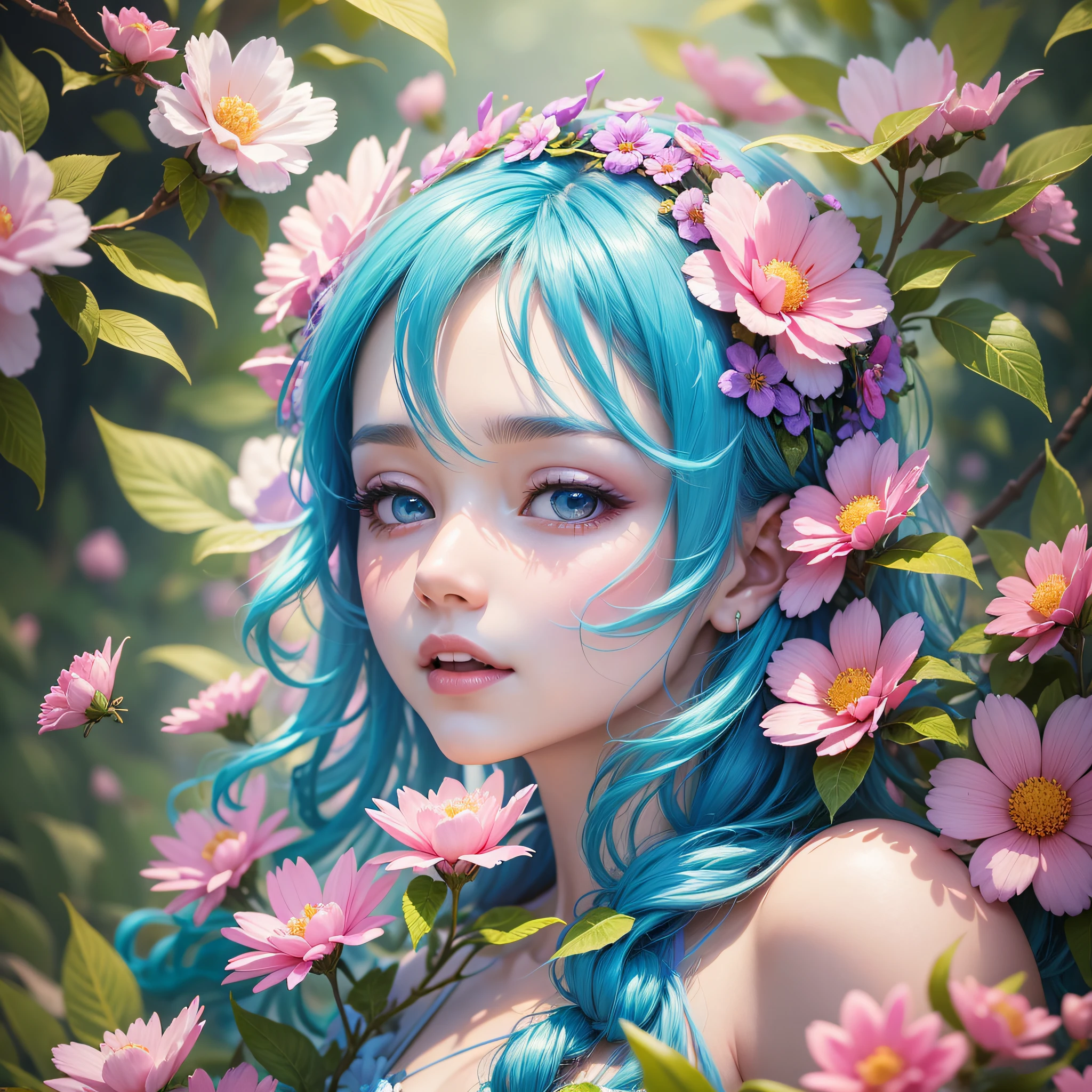 Fairy with very beautiful face, vivid and bright colors, full of joy, very delicate, very dense, surrounded by many flowers, 8K, dynamic wallpaper --auto --s2