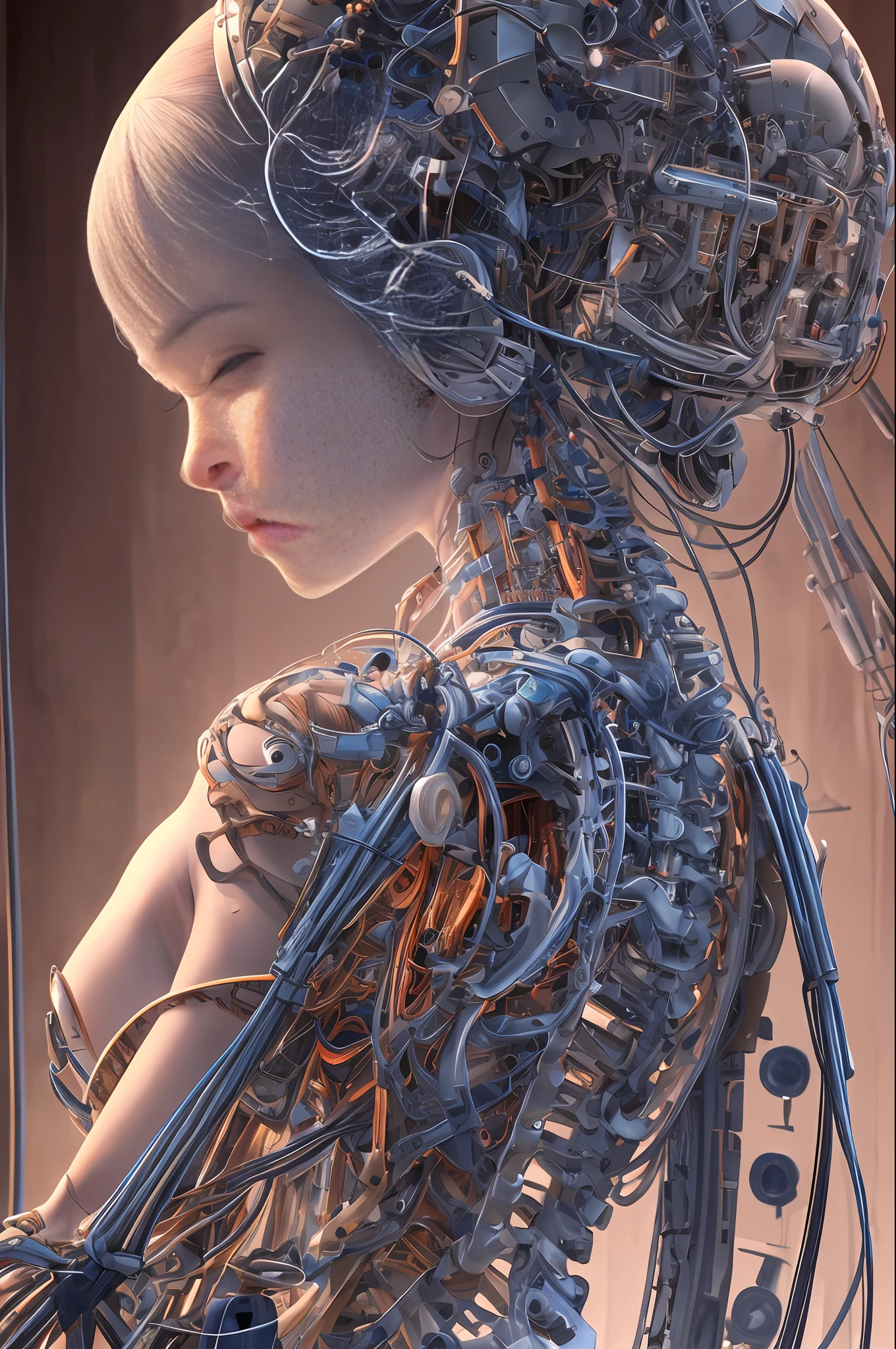 (((masterpiece))), (((best quality))), ((ultra-detailed)), (highly detailed CG illustration), ((an extremely delicate and beautiful)),(from side),cinematic light,((1mechanical girl)),solo,full body,(machine made joints:1.2),((machanical limbs)),(blood vessels connected to tubes),(mechanical vertebra attaching to back),((mechanical cervial attaching to neck)),(sitting),expressionless,(wires and cables attaching to neck:1.2),(wires and cables on head:1.2)(character focus),science fiction,extreme detailed,colorful,highest detailed